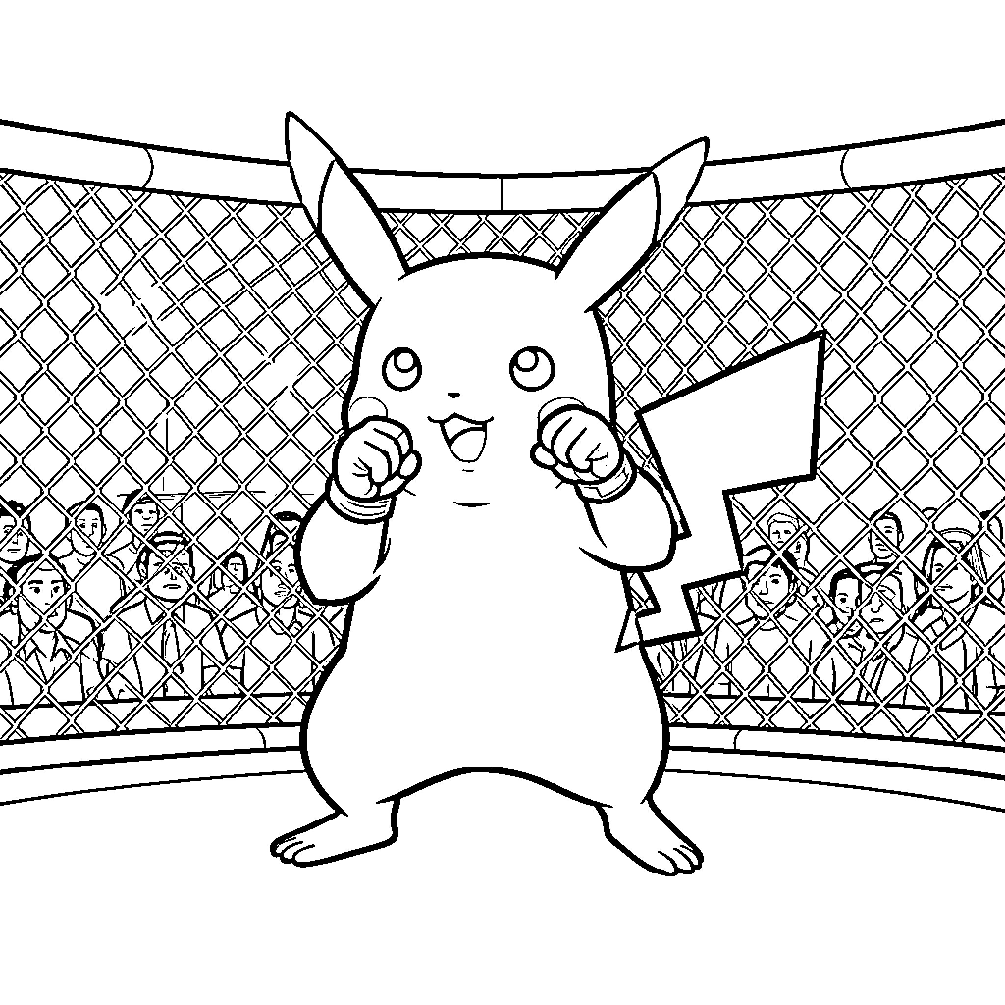 Pikachu celebrating a victory in a stadium Coloring Page (free black-and-white line drawing printable PDF for all, from beginners to advanced learners, including children, teens, adults, and seniors)