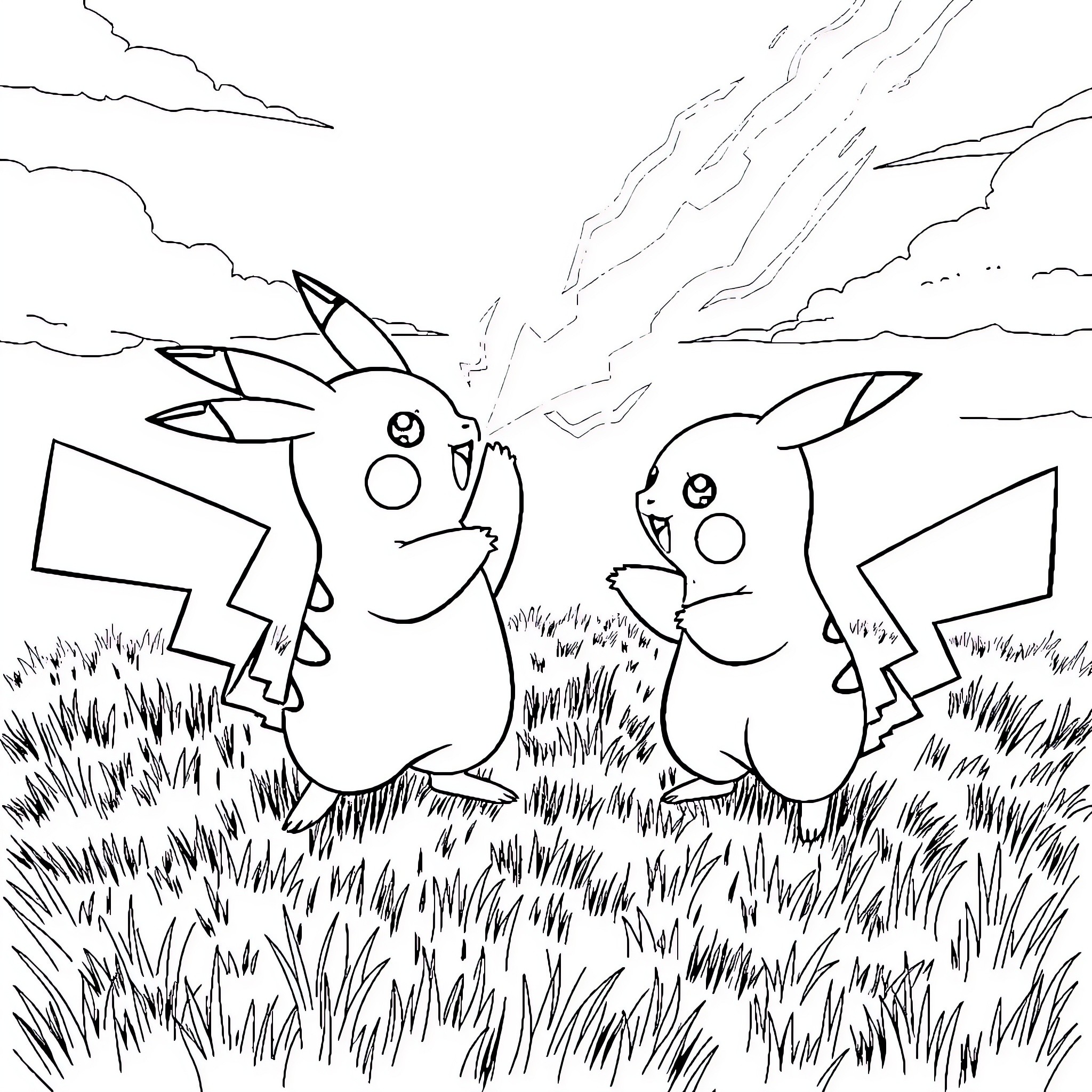 Pikachu playing in the grassy field Coloring Page (free black-and-white line drawing printable PDF for all, from beginners to advanced learners, including children, teens, adults, and seniors)