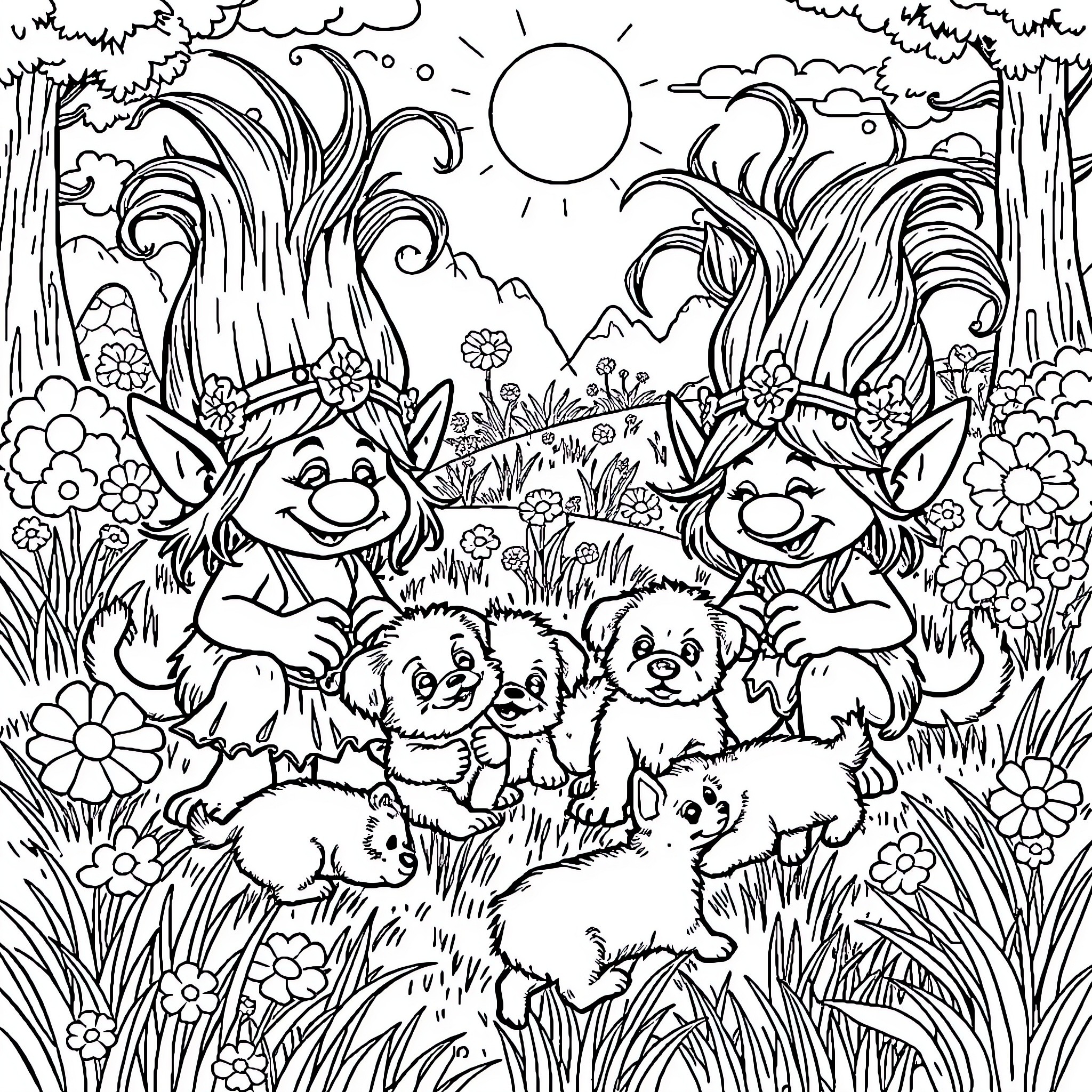 Troll family frolicking in the enchanted forest Coloring Page (free black-and-white line drawing printable PDF for all, from beginners to advanced learners, including children, teens, adults, and seniors)
