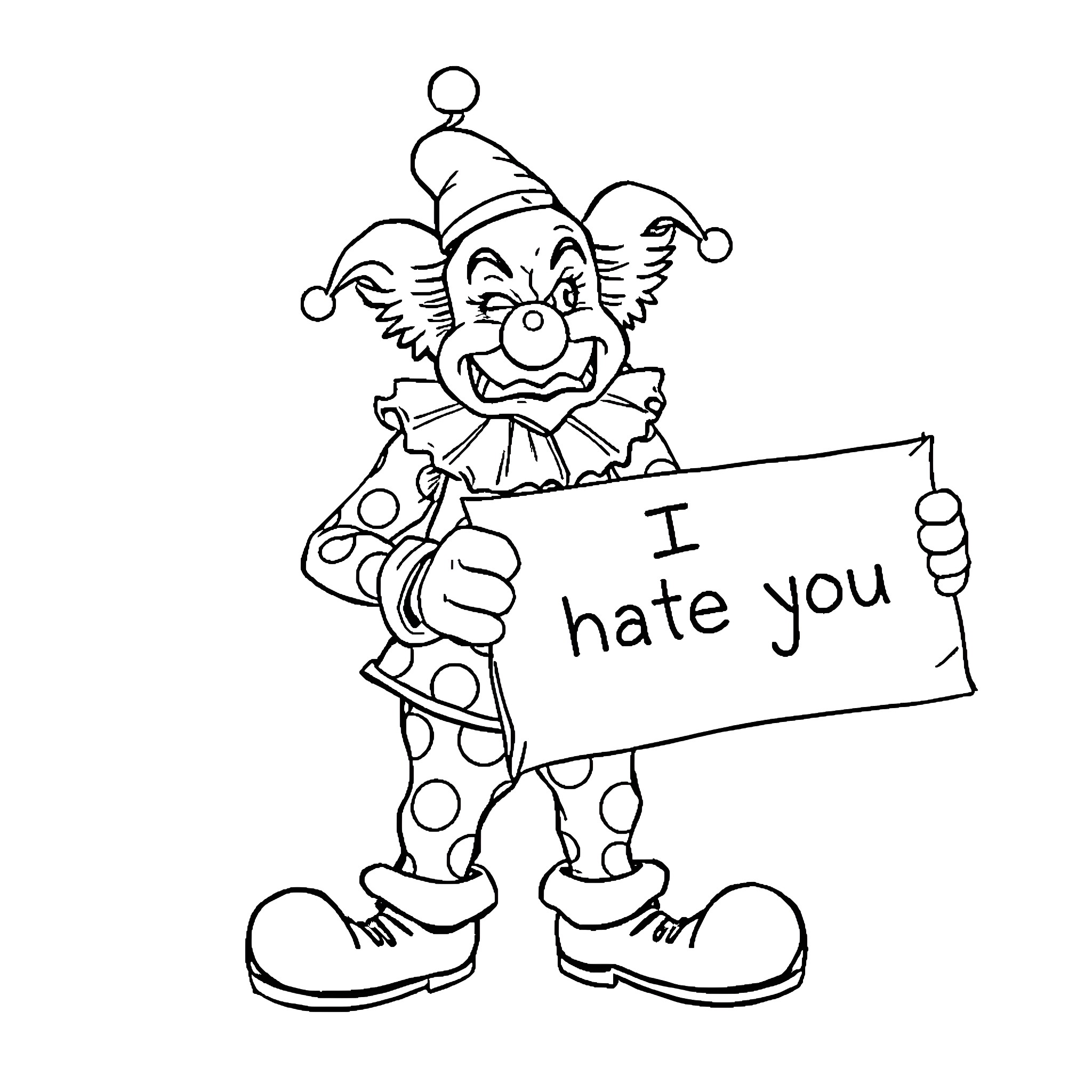 Clown holding sign with hostile message Coloring Page (free black-and-white line drawing printable PDF for all, from beginners to advanced learners, including children, teens, adults, and seniors)