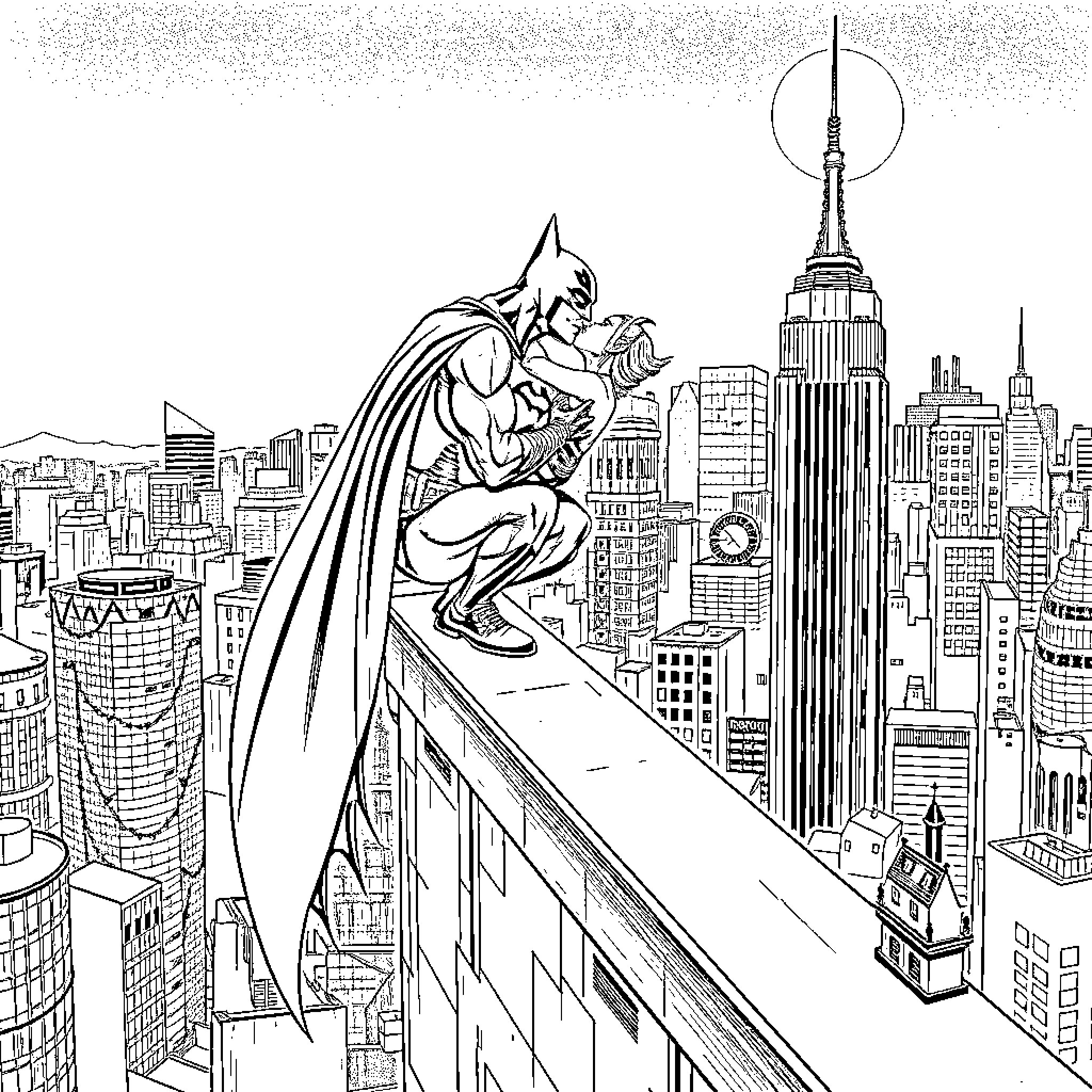 Batman overlooking the city skyline Coloring Page (free black-and-white line drawing printable PDF for all, from beginners to advanced learners, including children, teens, adults, and seniors)