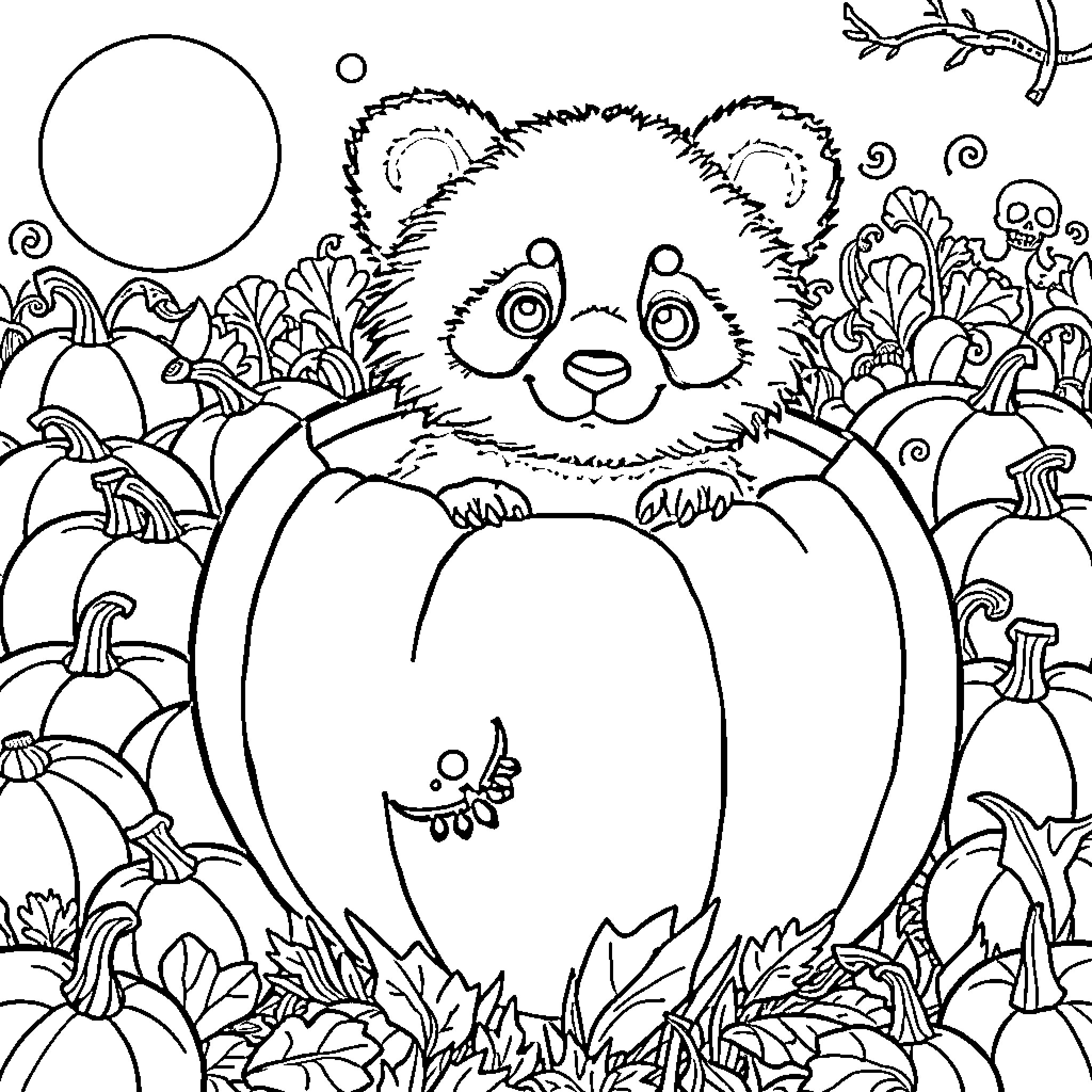 Panda Enjoying Autumn Scenery Coloring Page (free black-and-white line drawing printable PDF for all, from beginners to advanced learners, including children, teens, adults, and seniors)