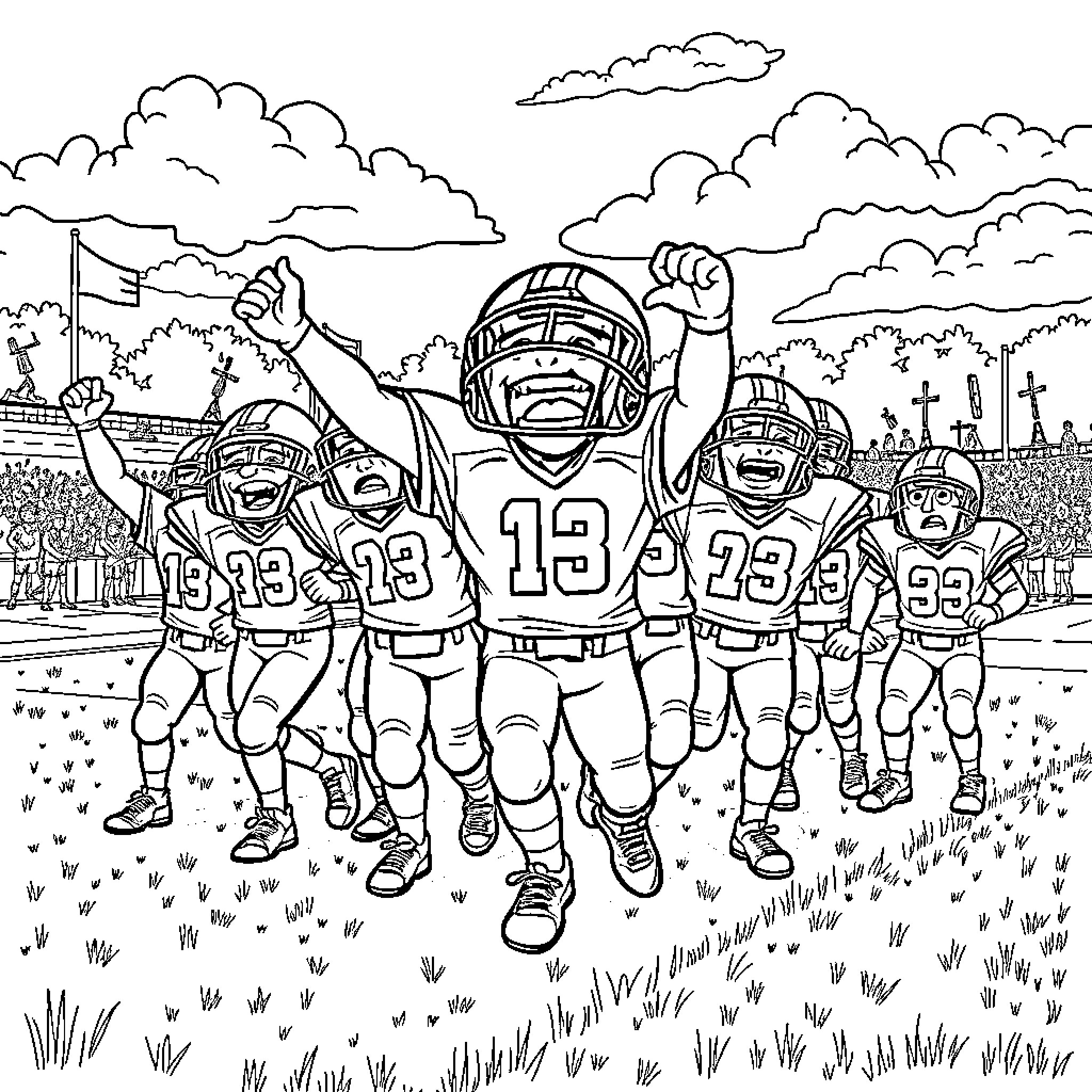 Bulldog football team celebrating after a game Coloring Page (free black-and-white line drawing printable PDF for all, from beginners to advanced learners, including children, teens, adults, and seniors)