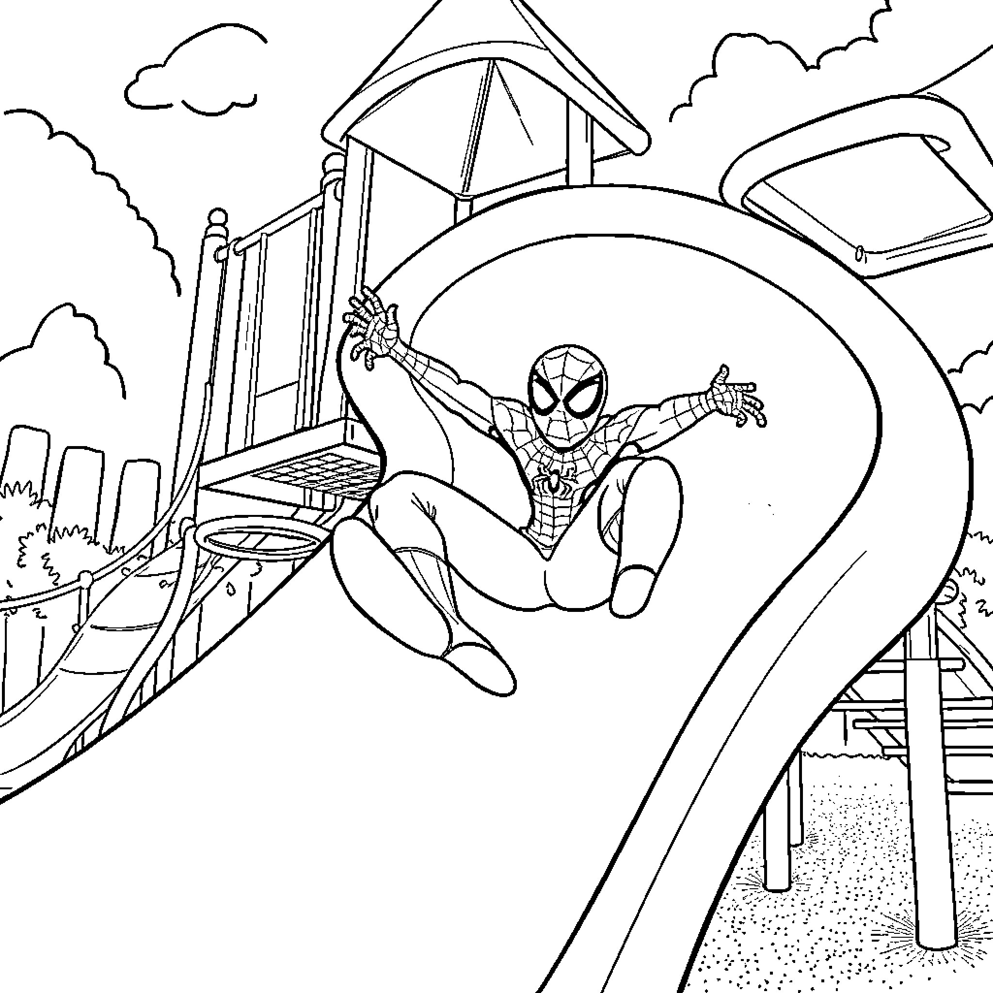 Spiderman sliding down a playground slide Coloring Page (free black-and-white line drawing printable PDF for all, from beginners to advanced learners, including children, teens, adults, and seniors)