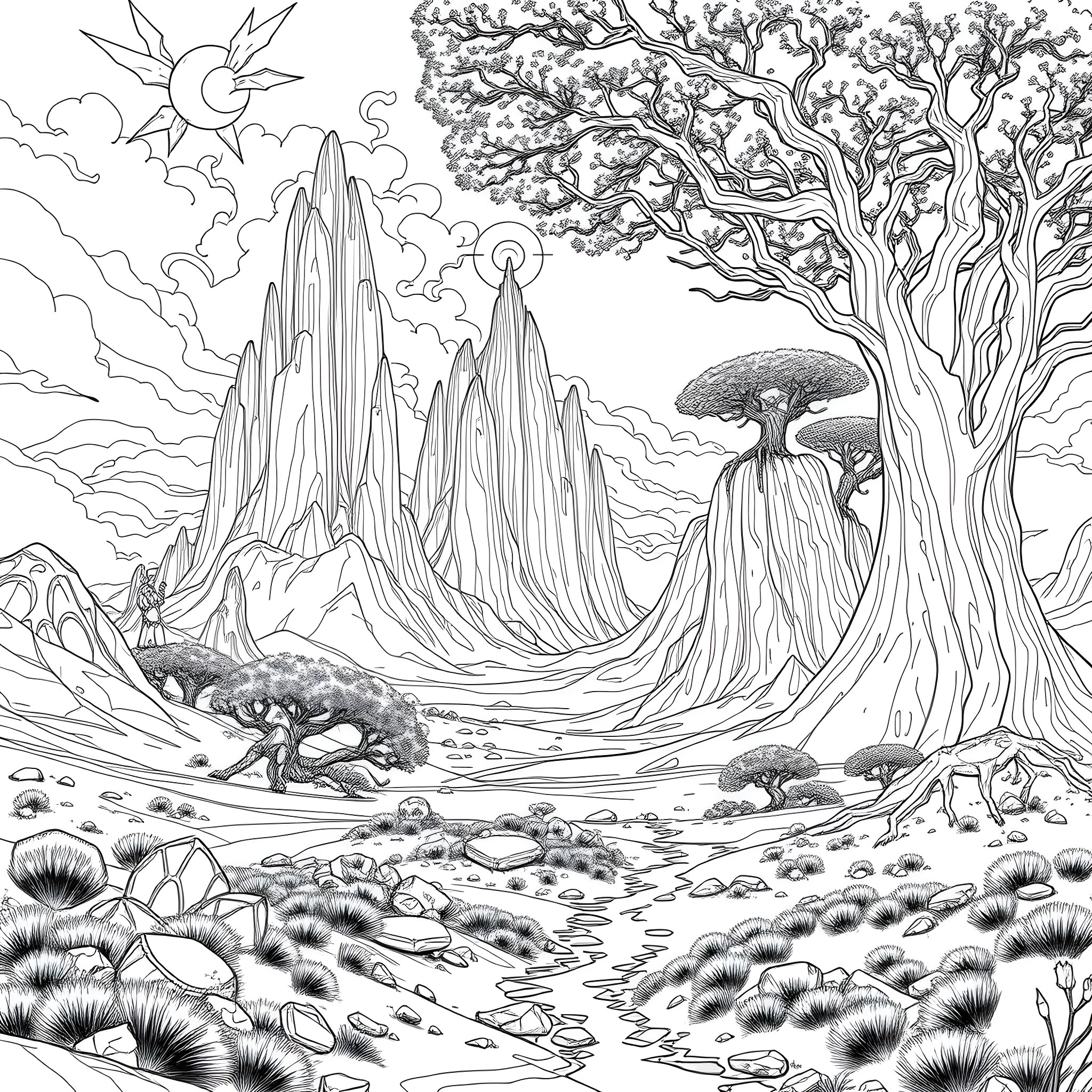 Way of Kings: Majestic Landscapes and Fantastical Scenes Coloring Page (free black-and-white line drawing printable PDF for all, from beginners to advanced learners, including children, teens, adults, and seniors)