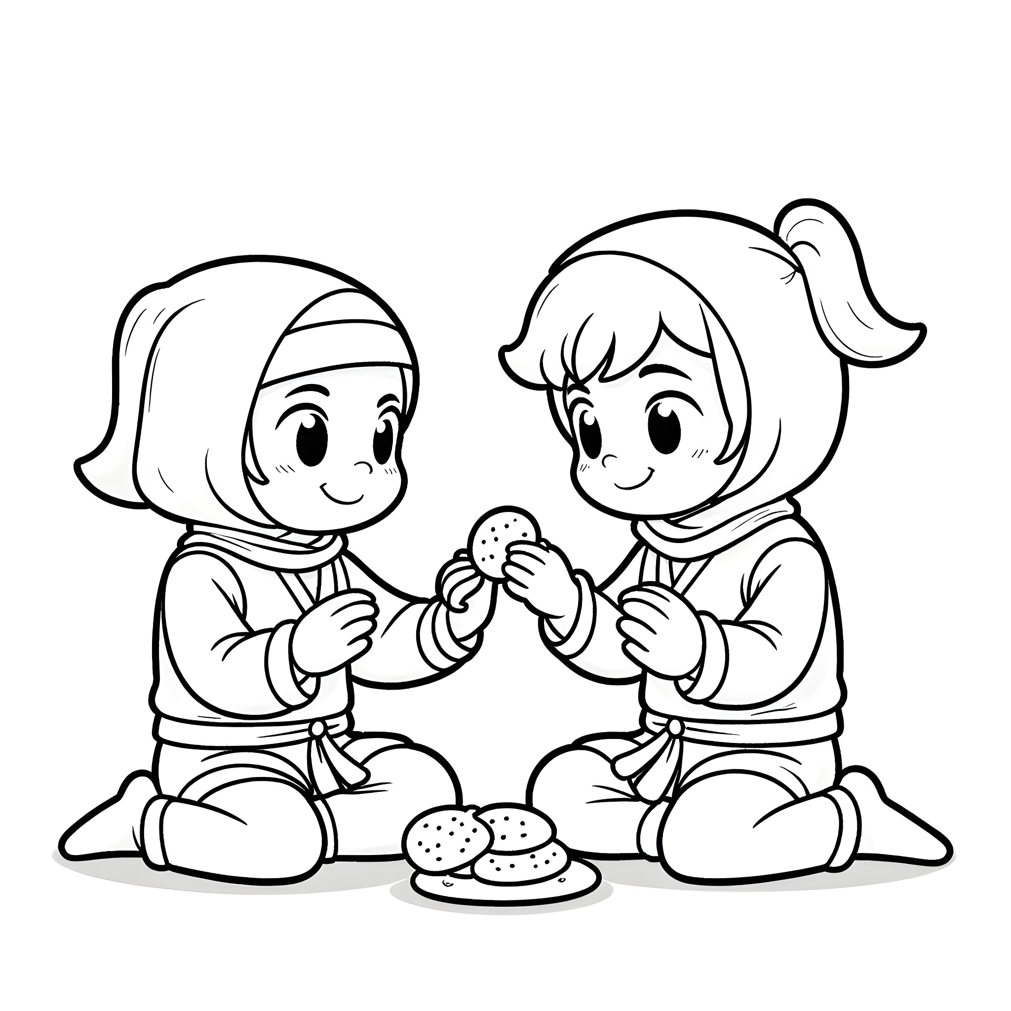 Ninja children enjoying a snack together Coloring Page (free black-and-white line drawing printable PDF for all, from beginners to advanced learners, including children, teens, adults, and seniors)