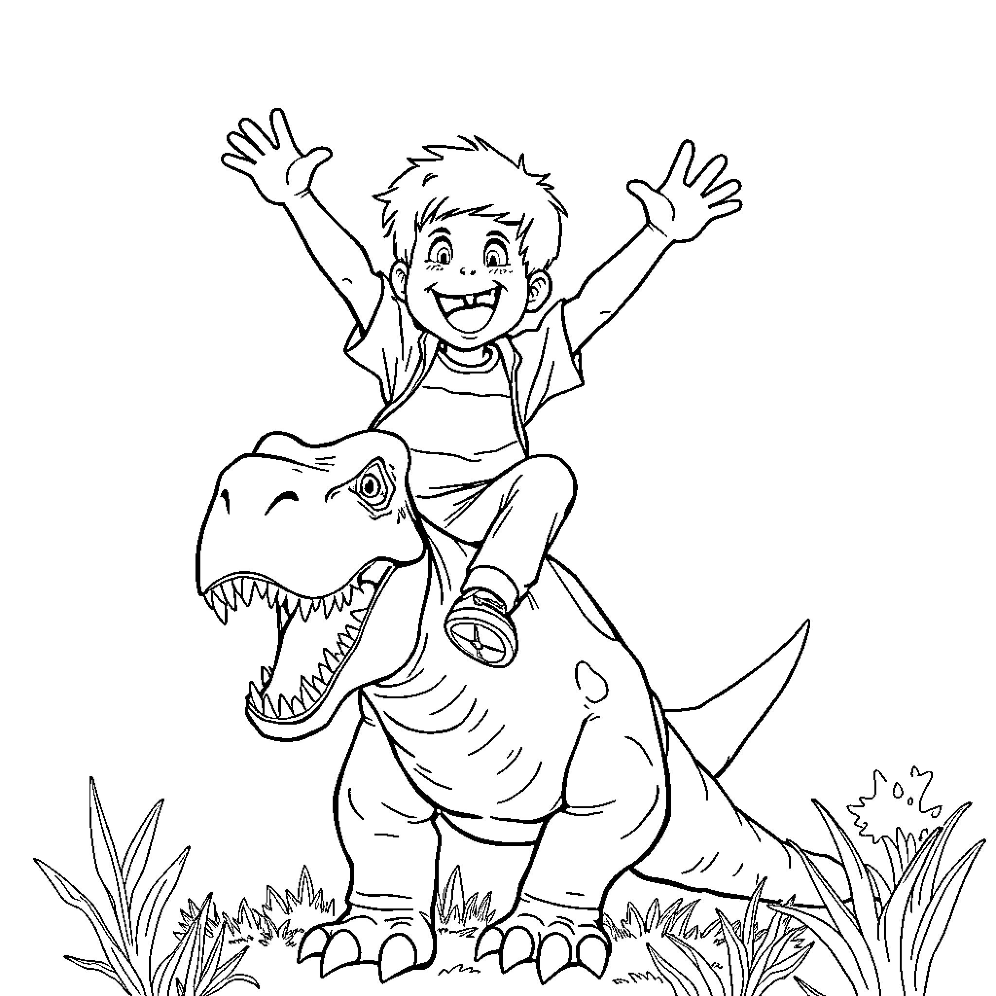 Kid Riding Cheerfully on Dinosaur Coloring Page (free black-and-white line drawing printable PDF for all, from beginners to advanced learners, including children, teens, adults, and seniors)