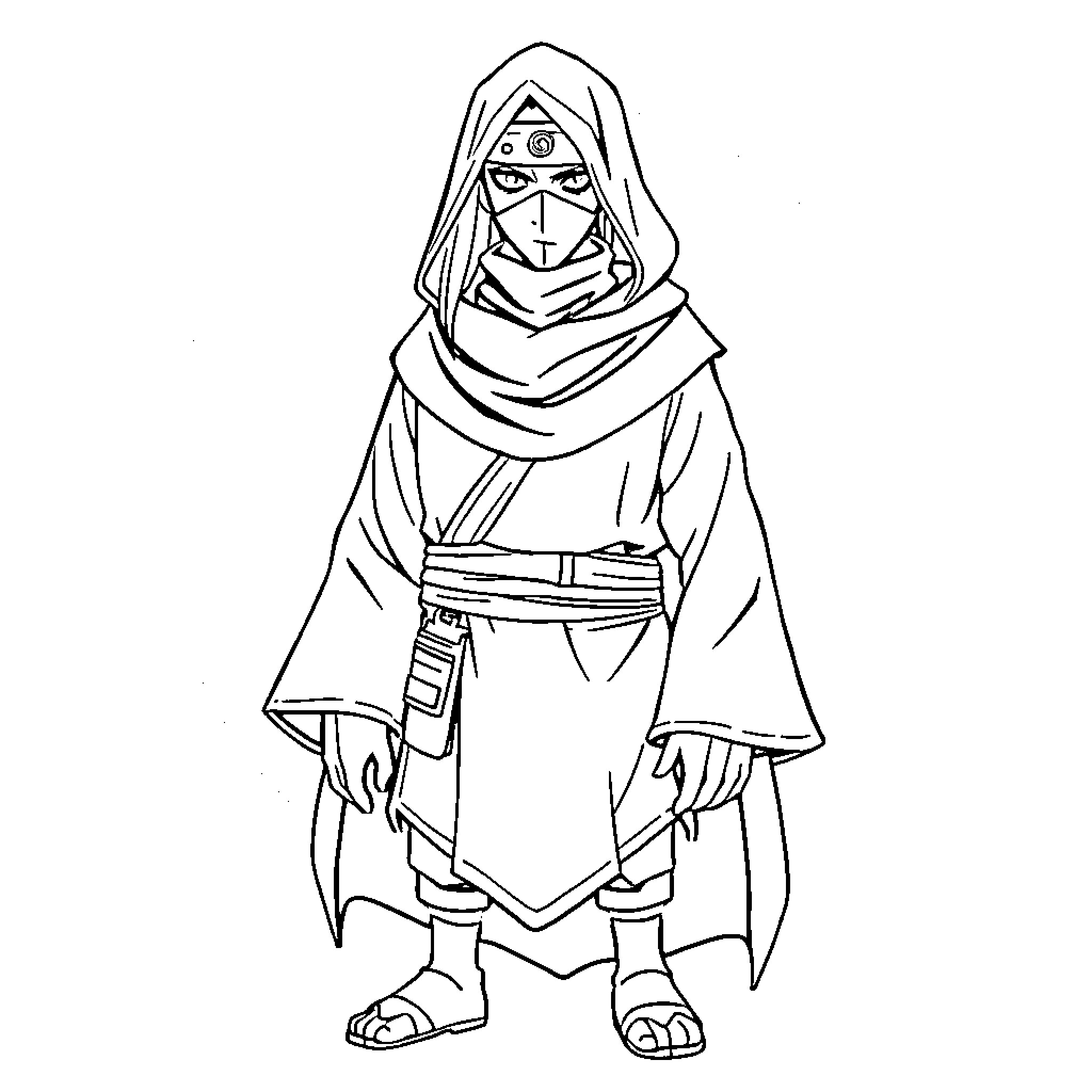 Itachi in Mysterious Robed Attire Coloring Page (free black-and-white line drawing printable PDF for all, from beginners to advanced learners, including children, teens, adults, and seniors)