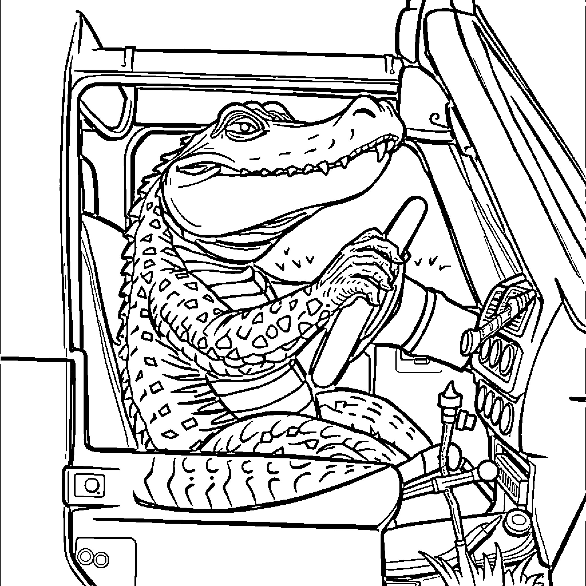 Gator operating heavy machinery Coloring Page (free black-and-white line drawing printable PDF for all, from beginners to advanced learners, including children, teens, adults, and seniors)