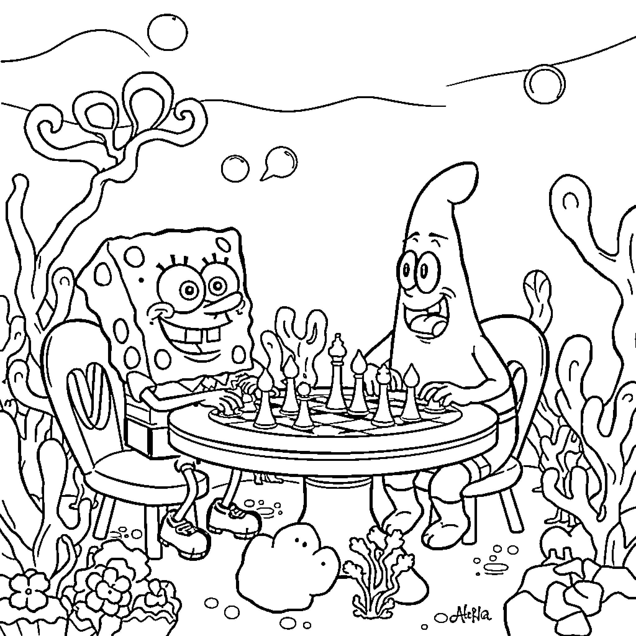Spongebob and Patrick playing chess underwater Coloring Page (free black-and-white line drawing printable PDF for all, from beginners to advanced learners, including children, teens, adults, and seniors)