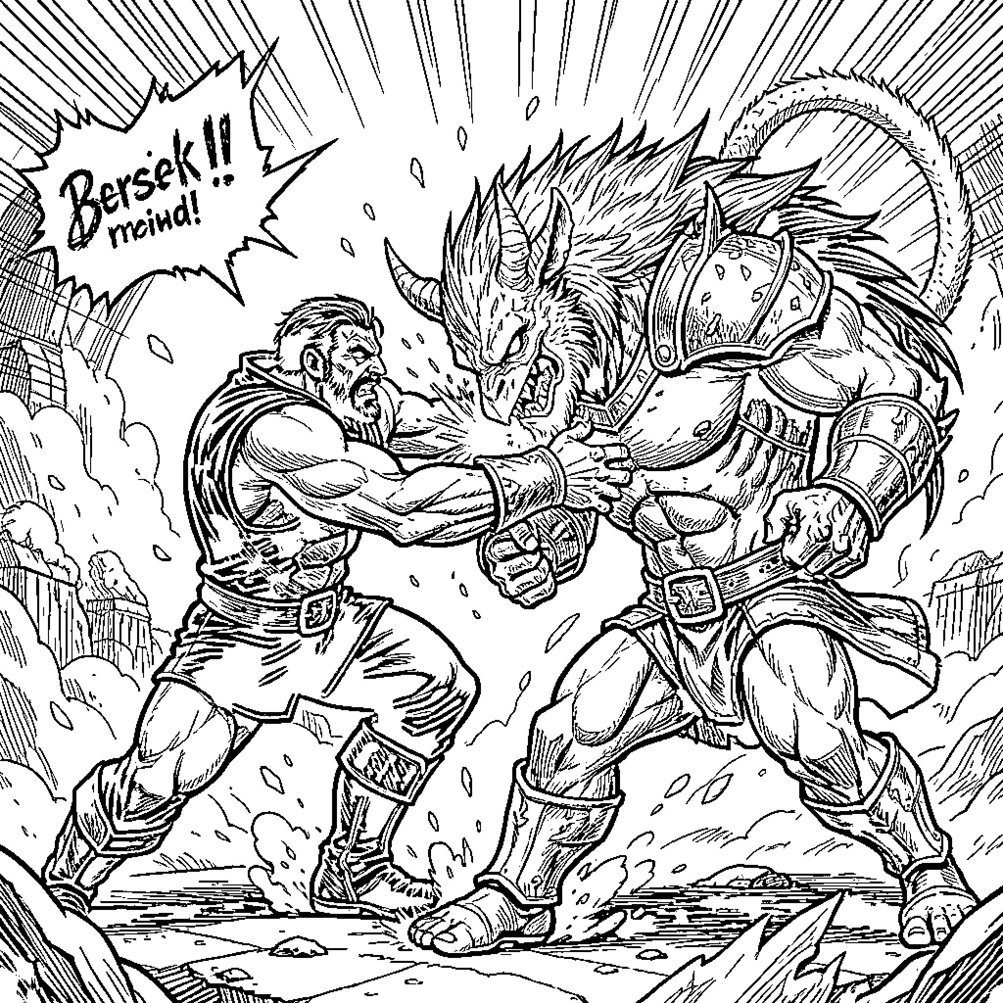 Guts in Intense Battle with Monstrous Foe Coloring Page (free black-and-white line drawing printable PDF for all, from beginners to advanced learners, including children, teens, adults, and seniors)