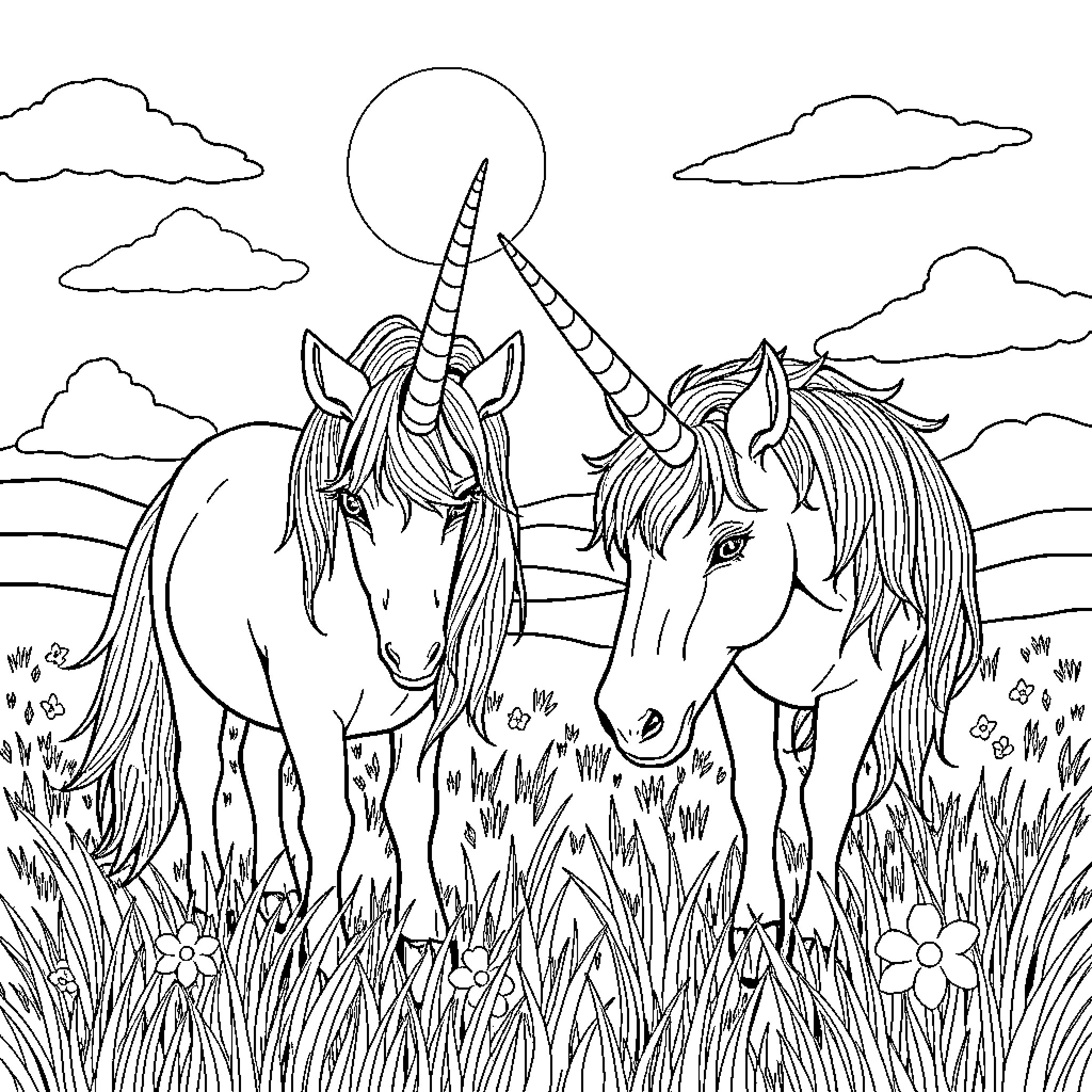 Bicorn unicorns frolicking in the meadow Coloring Page (free black-and-white line drawing printable PDF for all, from beginners to advanced learners, including children, teens, adults, and seniors)