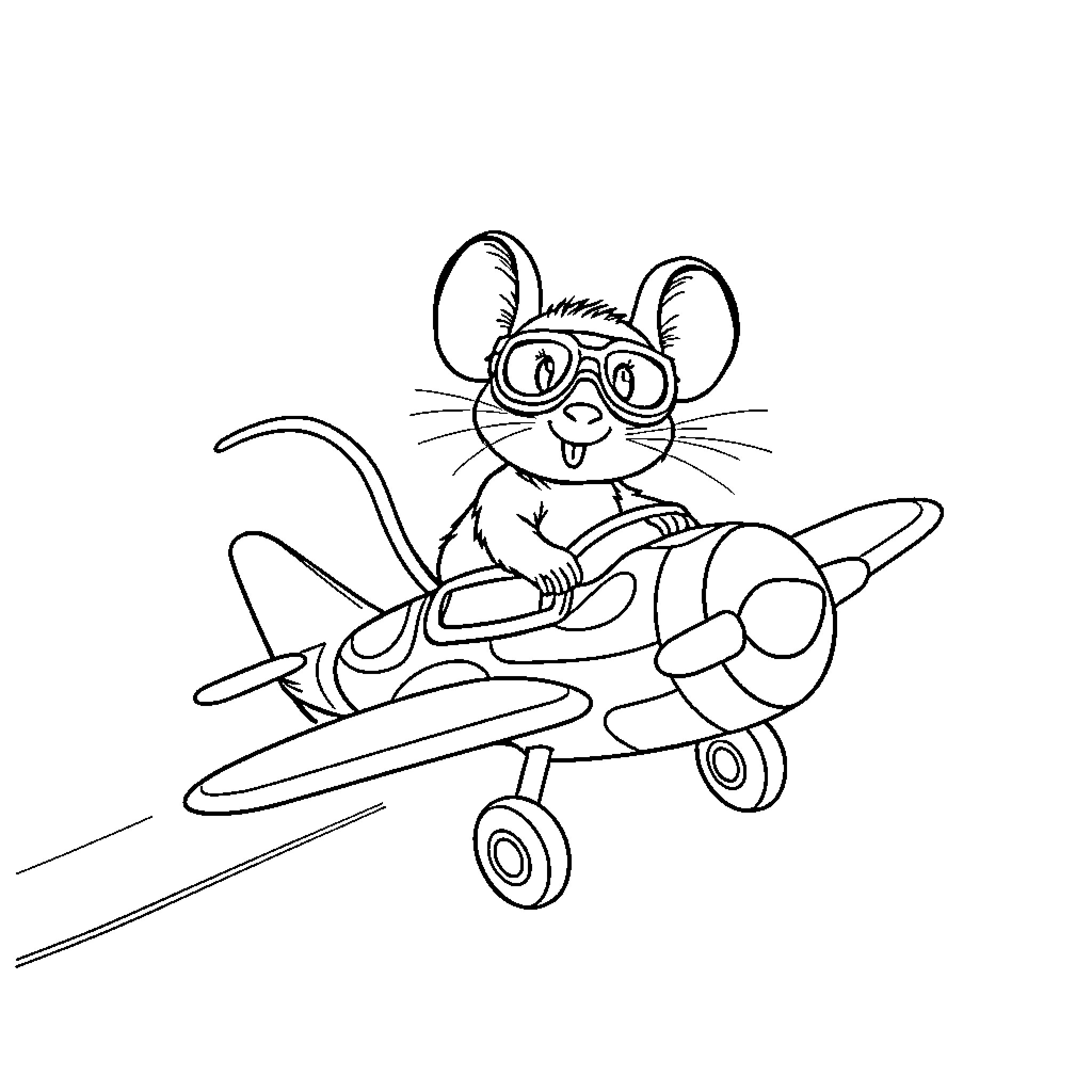 Mouse pilot flying a toy airplane Coloring Page (free black-and-white line drawing printable PDF for all, from beginners to advanced learners, including children, teens, adults, and seniors)