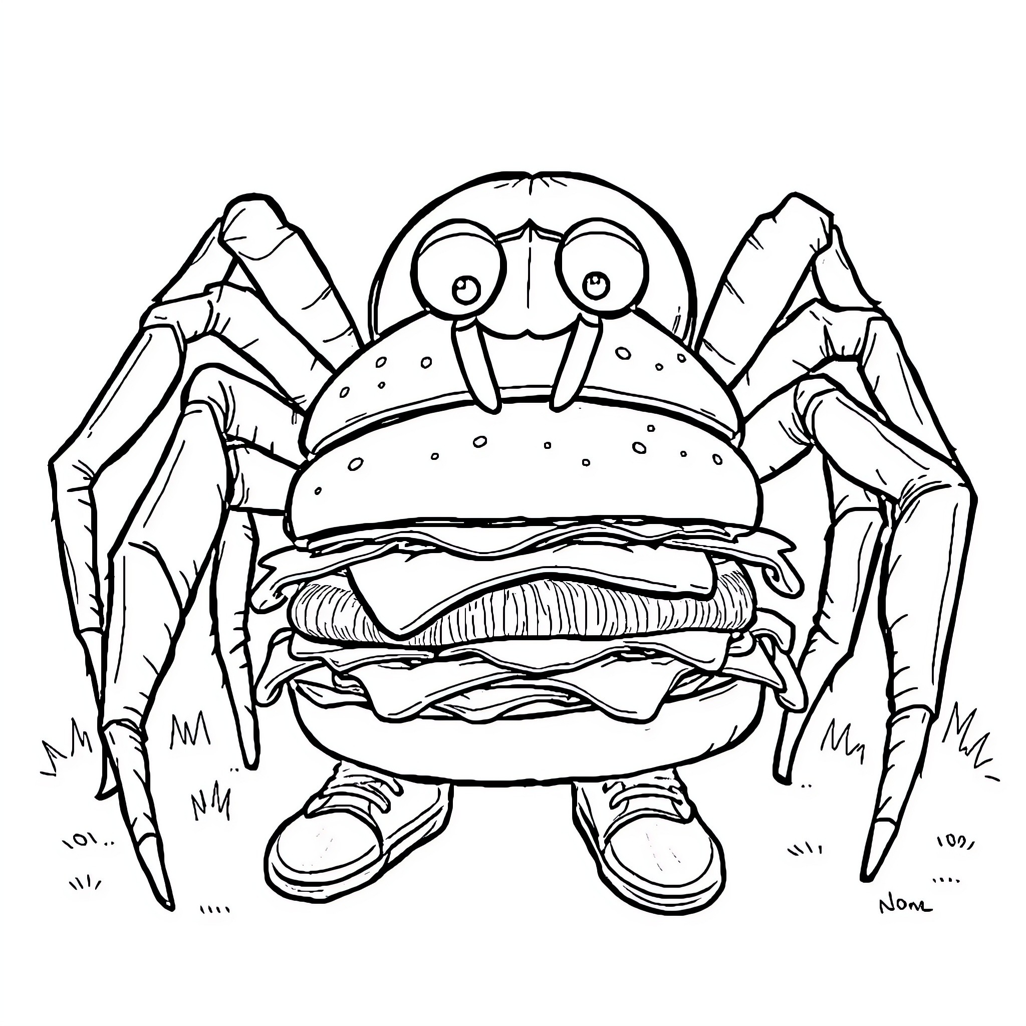 Spider-like Creature Enjoying a Tasty Burger Coloring Page (free black-and-white line drawing printable PDF for all, from beginners to advanced learners, including children, teens, adults, and seniors)