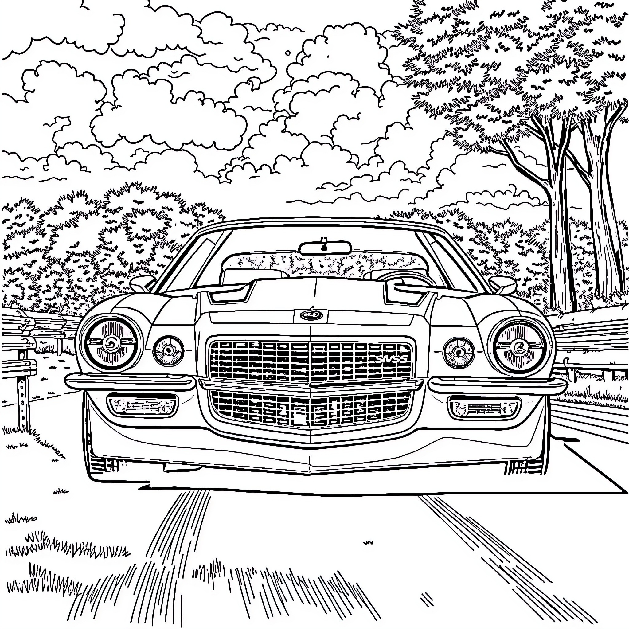 Camaro speeding through scenic forest landscape Coloring Page (free black-and-white line drawing printable PDF for all, from beginners to advanced learners, including children, teens, adults, and seniors)