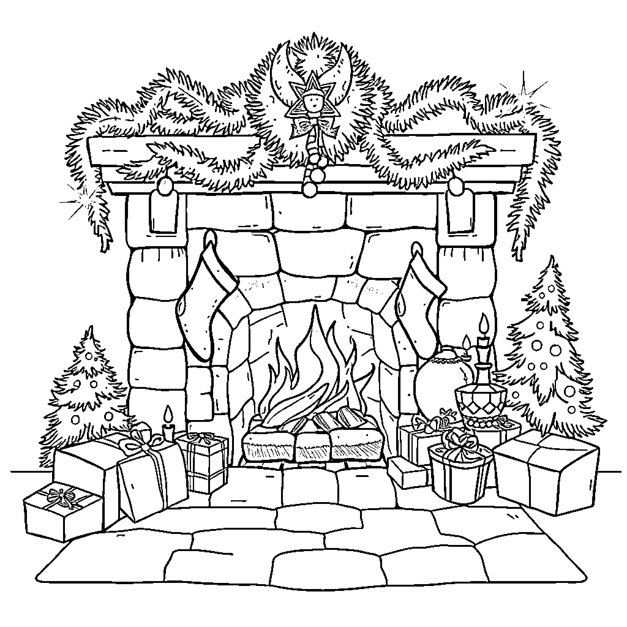 Fireplace scene with cozy decor and holiday ornaments Coloring Page (free black-and-white line drawing printable PDF for all, from beginners to advanced learners, including children, teens, adults, and seniors)