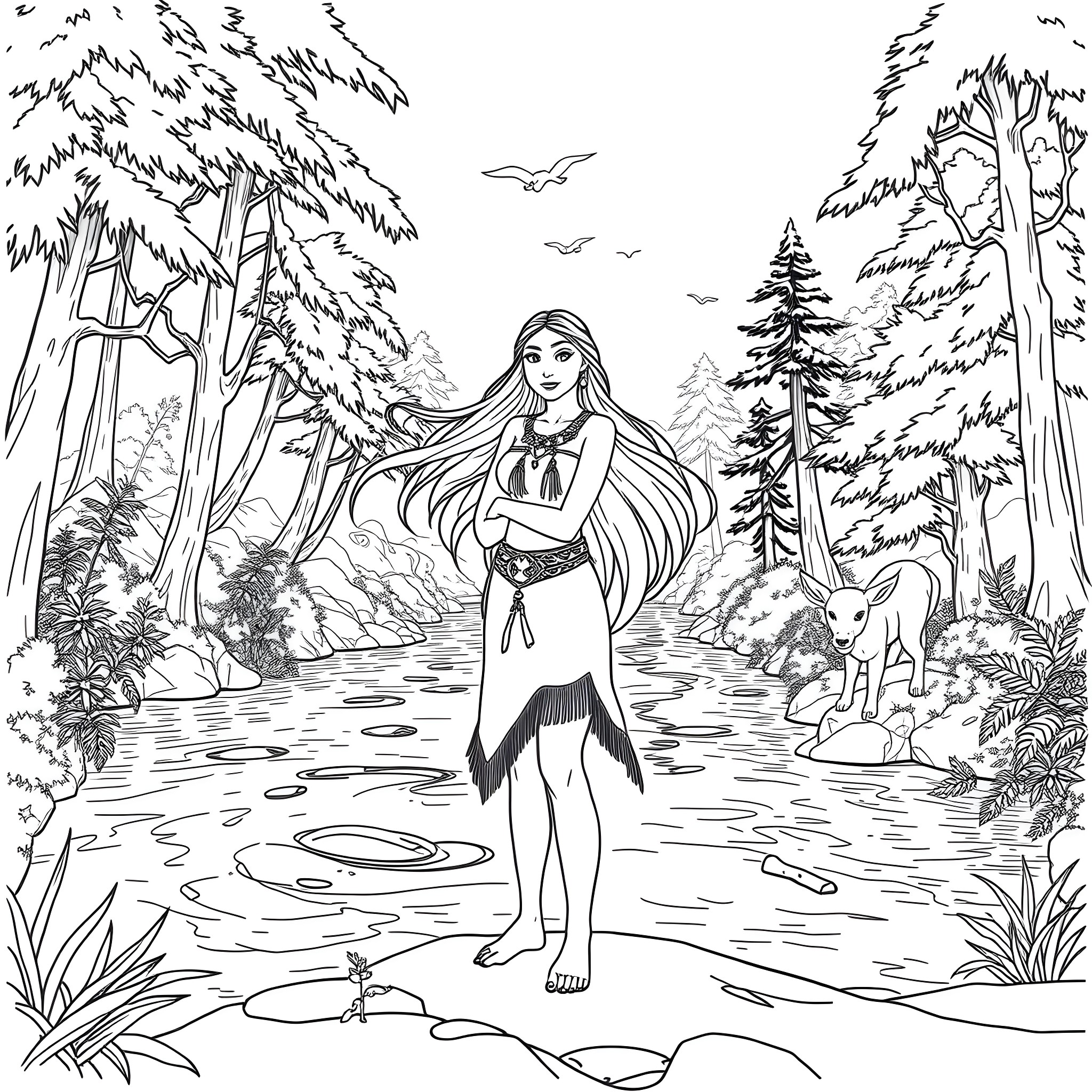 Pocahontas exploring the serene forest with her animal friends Coloring Page (free black-and-white line drawing printable PDF for all, from beginners to advanced learners, including children, teens, adults, and seniors)