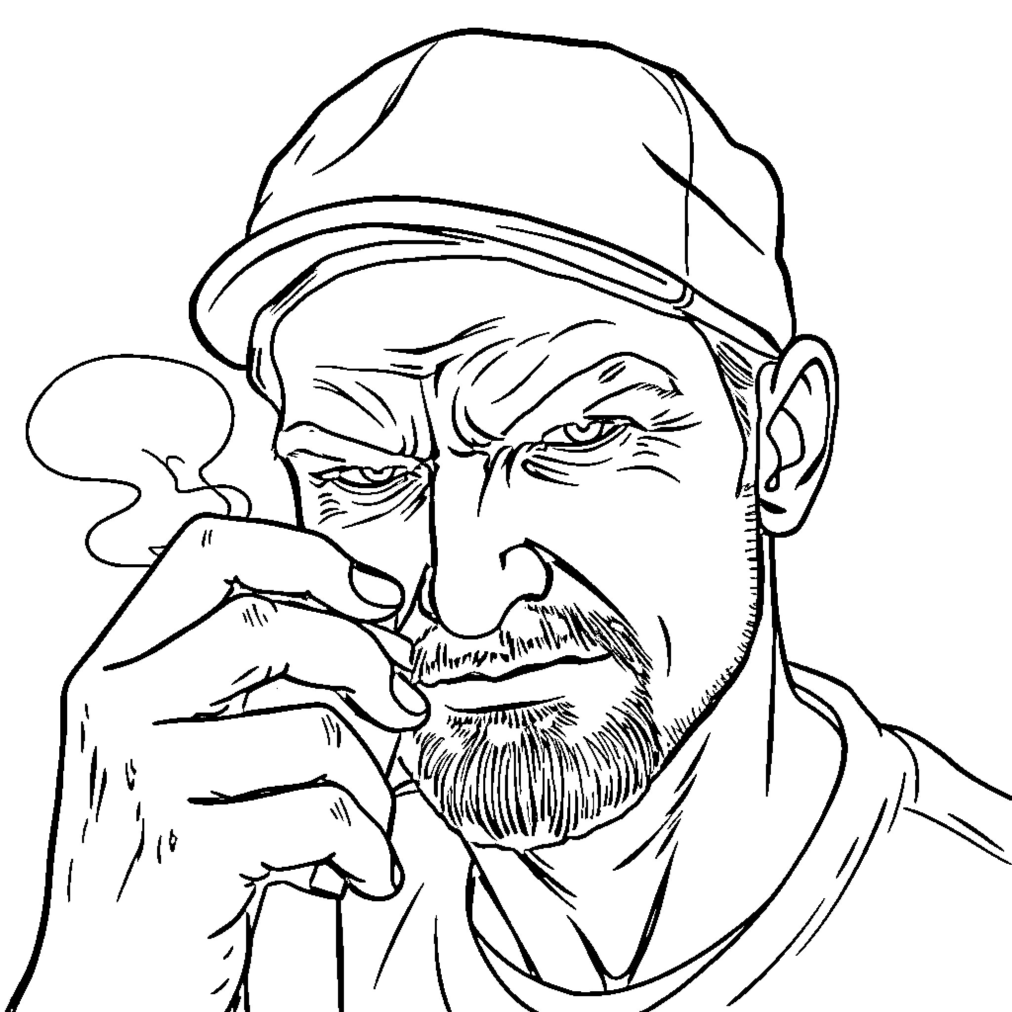 Hombre smoking cigar in contemplation Coloring Page (free black-and-white line drawing printable PDF for all, from beginners to advanced learners, including children, teens, adults, and seniors)