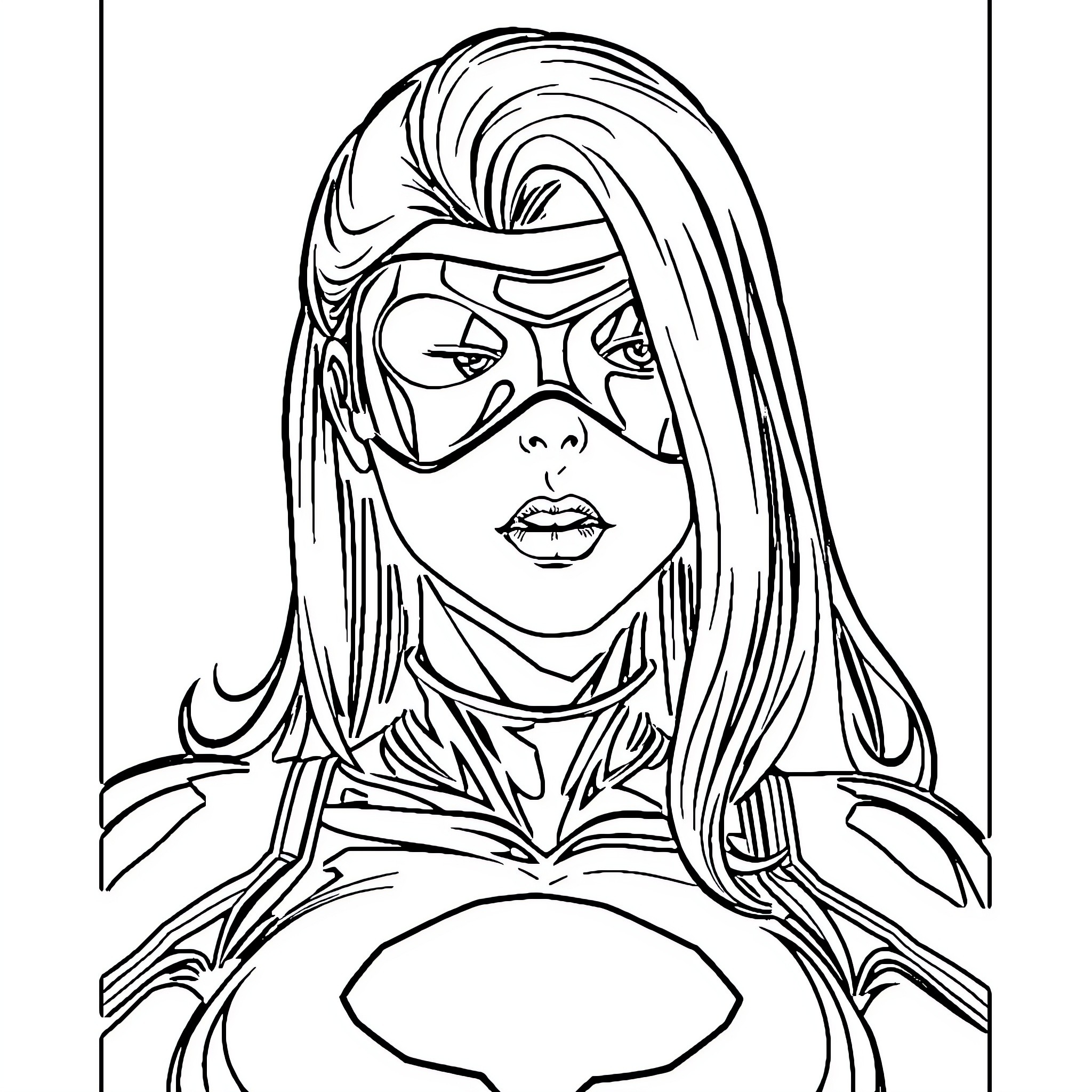 Power Girl in Heroic Pose Coloring Page (free black-and-white line drawing printable PDF for all, from beginners to advanced learners, including children, teens, adults, and seniors)