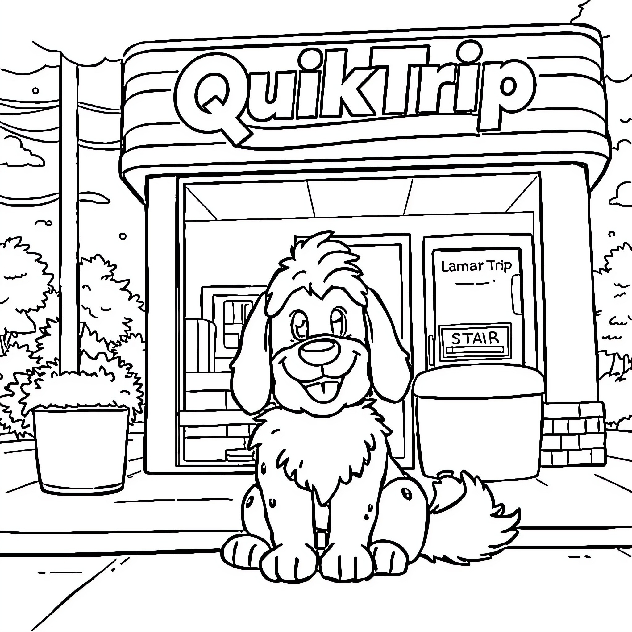 Dog sitting outside a Quiktrip convenience store Coloring Page (free black-and-white line drawing printable PDF for all, from beginners to advanced learners, including children, teens, adults, and seniors)