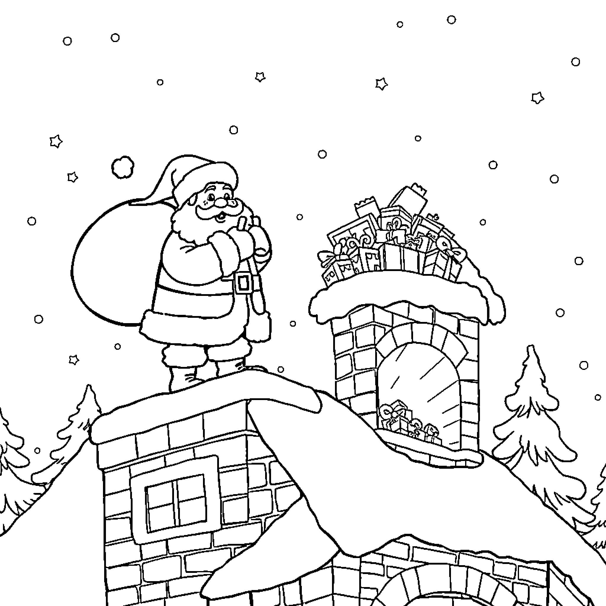 Santa carrying a sack on a snowy rooftop Coloring Page (free black-and-white line drawing printable PDF for all, from beginners to advanced learners, including children, teens, adults, and seniors)