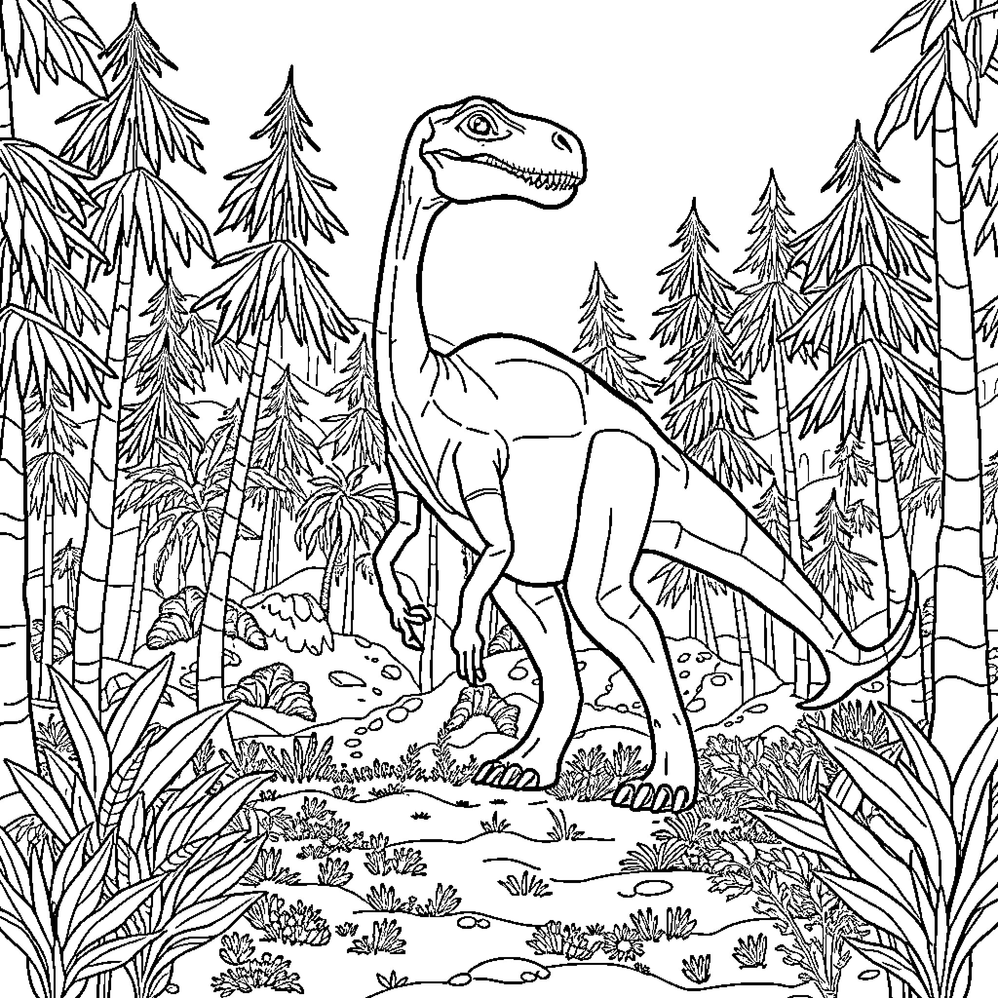 Dinosaur Exploring the Lush Forest Habitat Coloring Page (free black-and-white line drawing printable PDF for all, from beginners to advanced learners, including children, teens, adults, and seniors)