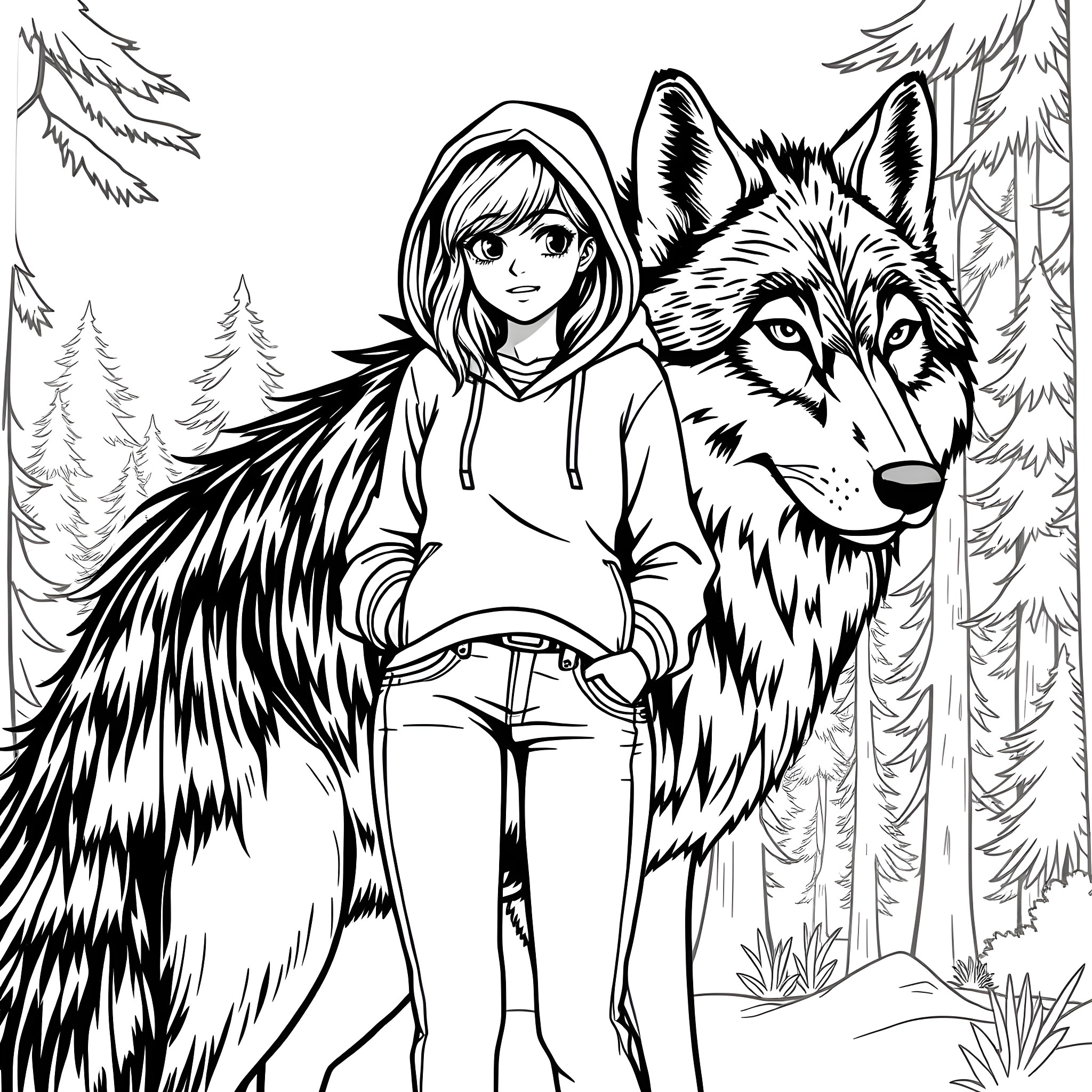 Teen Girl Explores Snowy Forest with Loyal Wolf Companion Coloring Page (free black-and-white line drawing printable PDF for all, from beginners to advanced learners, including children, teens, adults, and seniors)