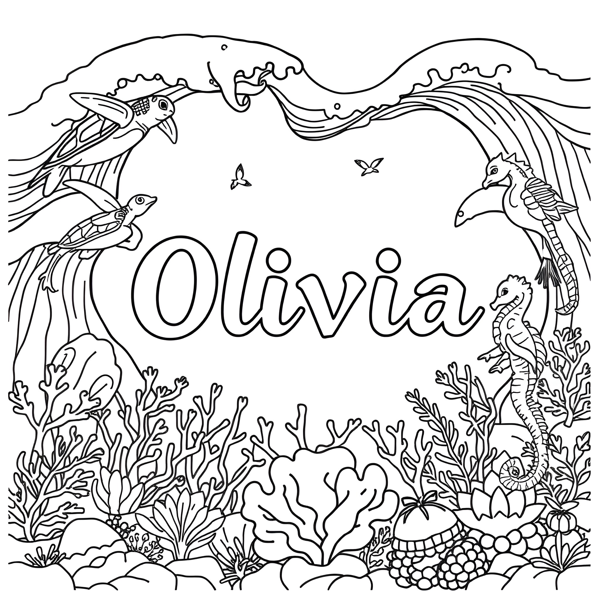 Olivia's Underwater Adventure Coloring Page (free black-and-white line drawing printable PDF for all, from beginners to advanced learners, including children, teens, adults, and seniors)