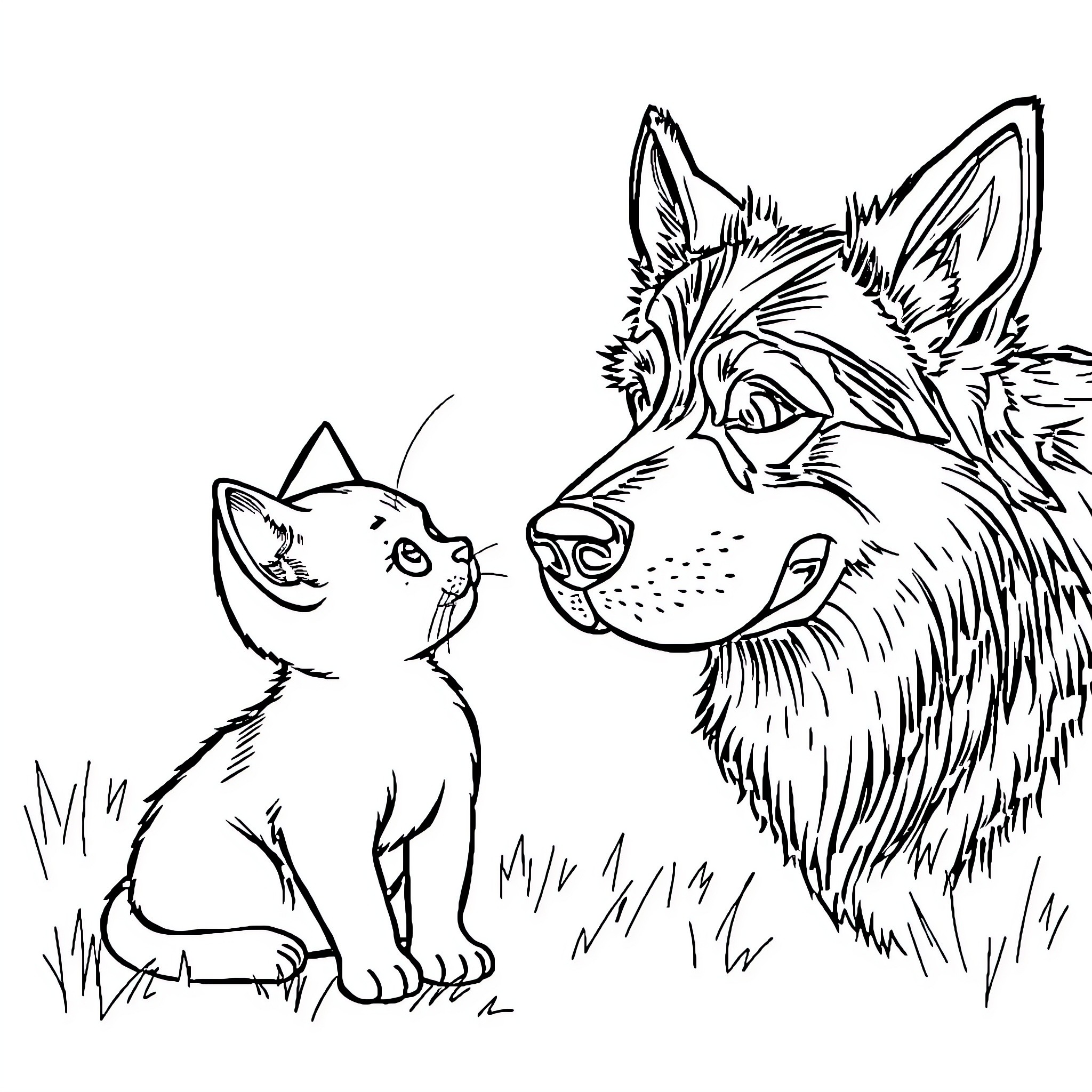 Cat and wolf in natural setting Coloring Page (free black-and-white line drawing printable PDF for all, from beginners to advanced learners, including children, teens, adults, and seniors)
