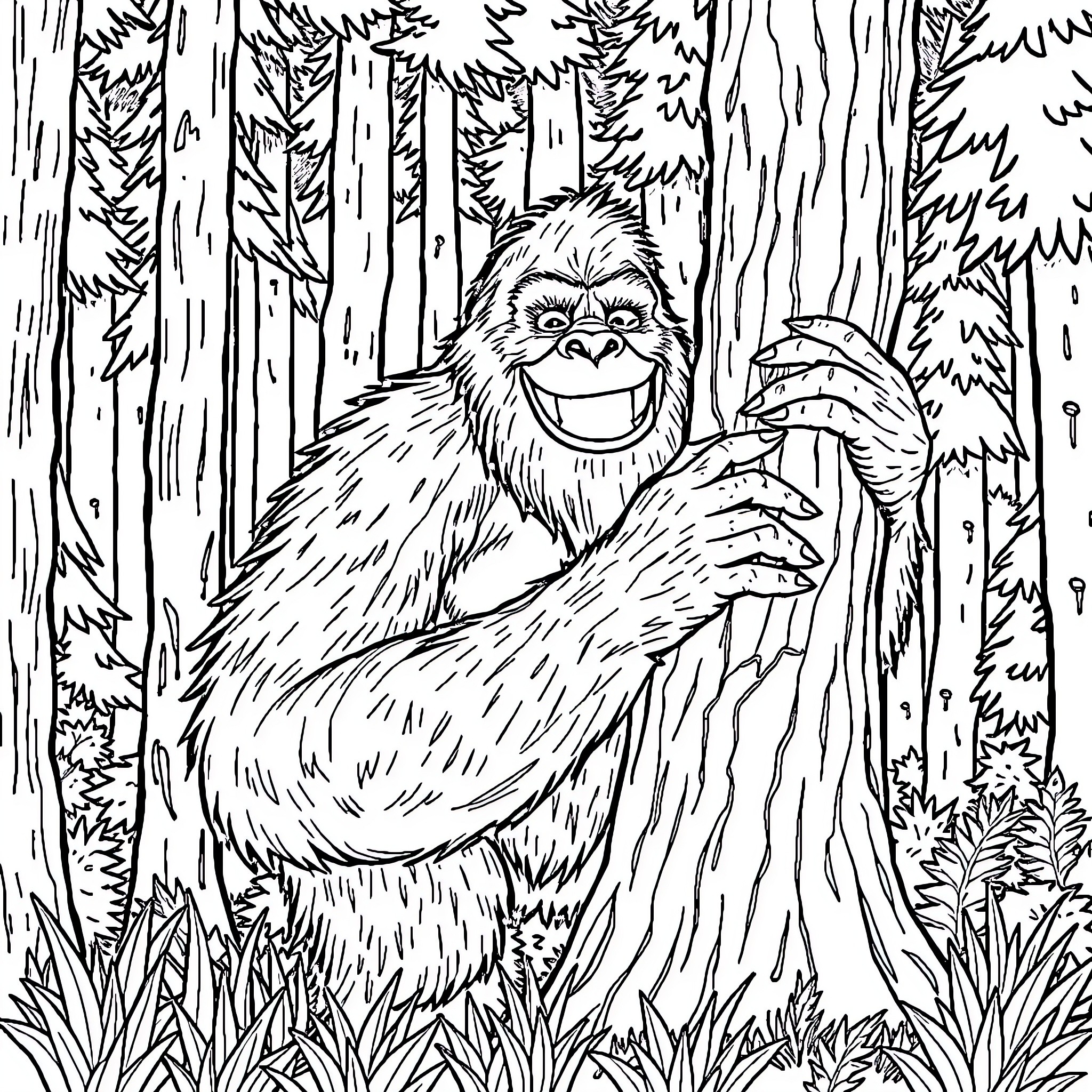 Bigfoot exploring the enchanted forest Coloring Page (free black-and-white line drawing printable PDF for all, from beginners to advanced learners, including children, teens, adults, and seniors)
