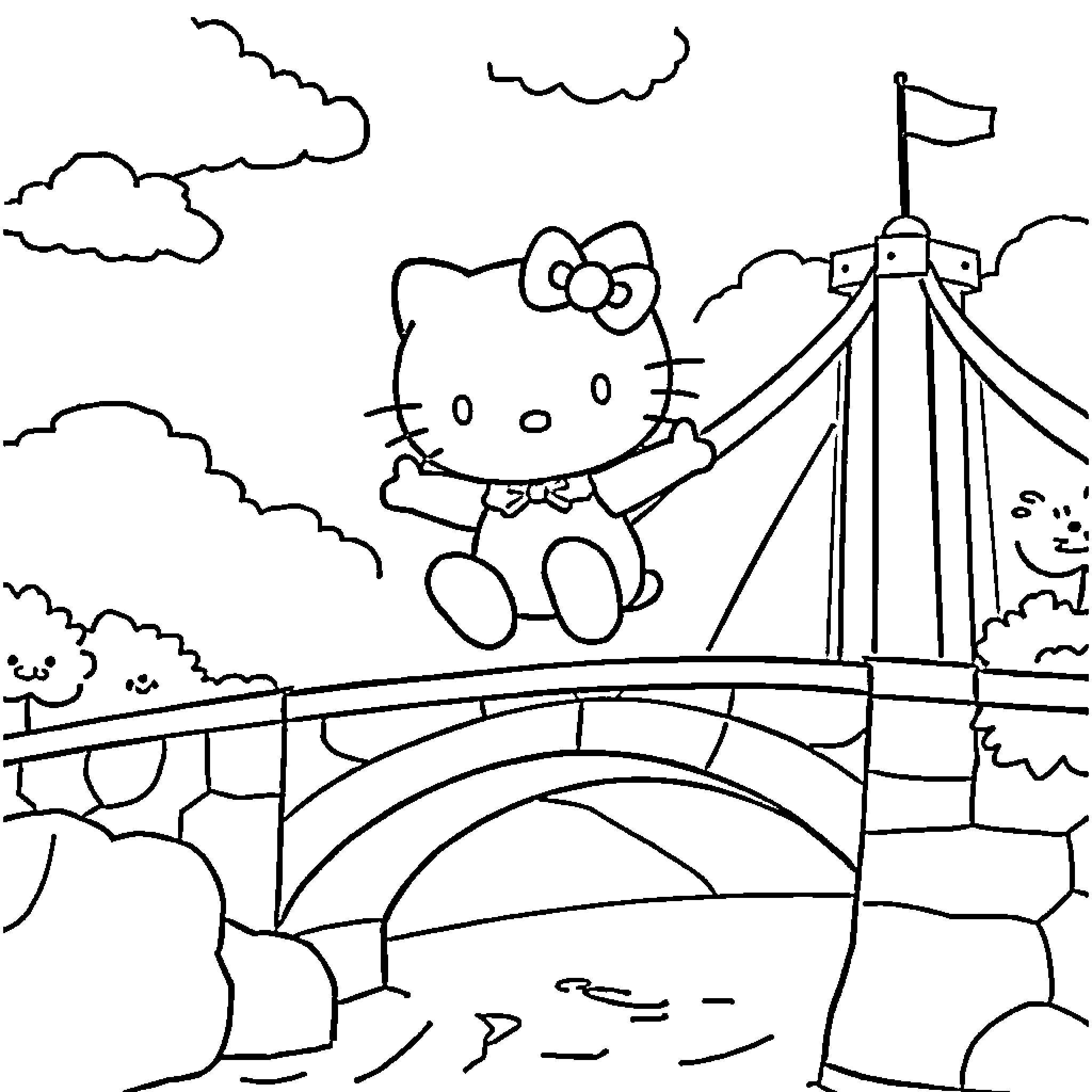 Hello Kitty exploring a whimsical landscape Coloring Page (free black-and-white line drawing printable PDF for all, from beginners to advanced learners, including children, teens, adults, and seniors)