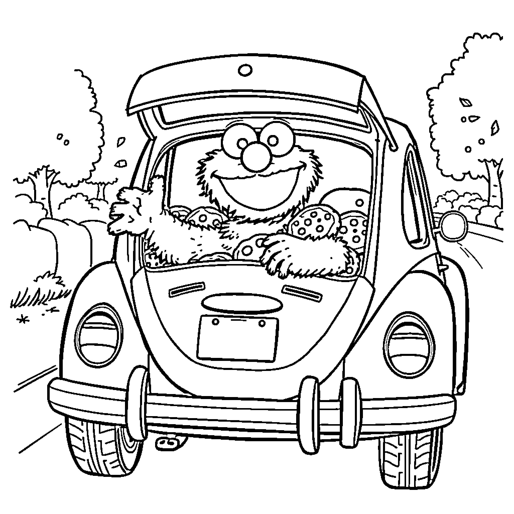 Cookie Monster driving a car happily Coloring Page (free black-and-white line drawing printable PDF for all, from beginners to advanced learners, including children, teens, adults, and seniors)