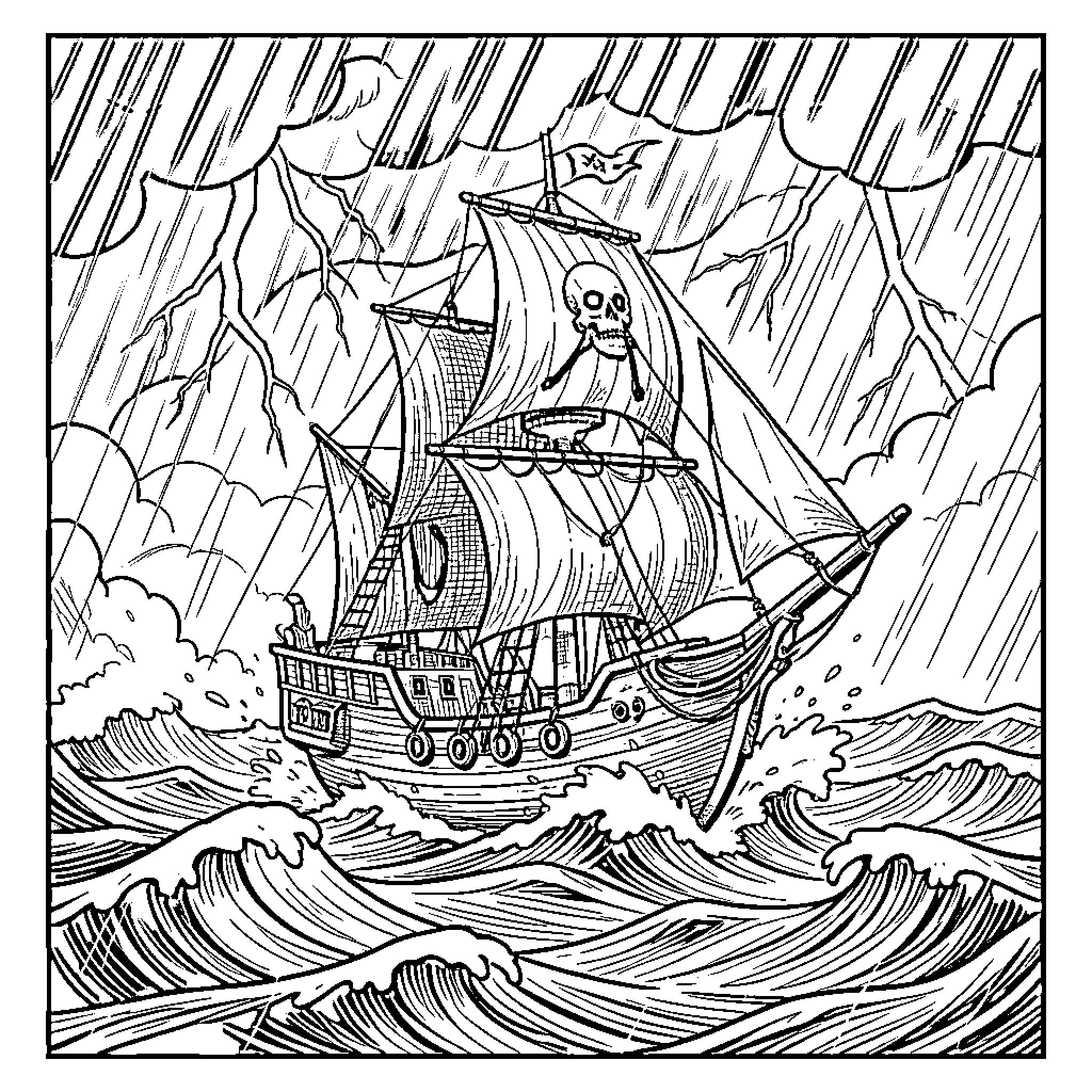 Pirate Ship Navigating Stormy Seas Coloring Page (free black-and-white line drawing printable PDF for all, from beginners to advanced learners, including children, teens, adults, and seniors)
