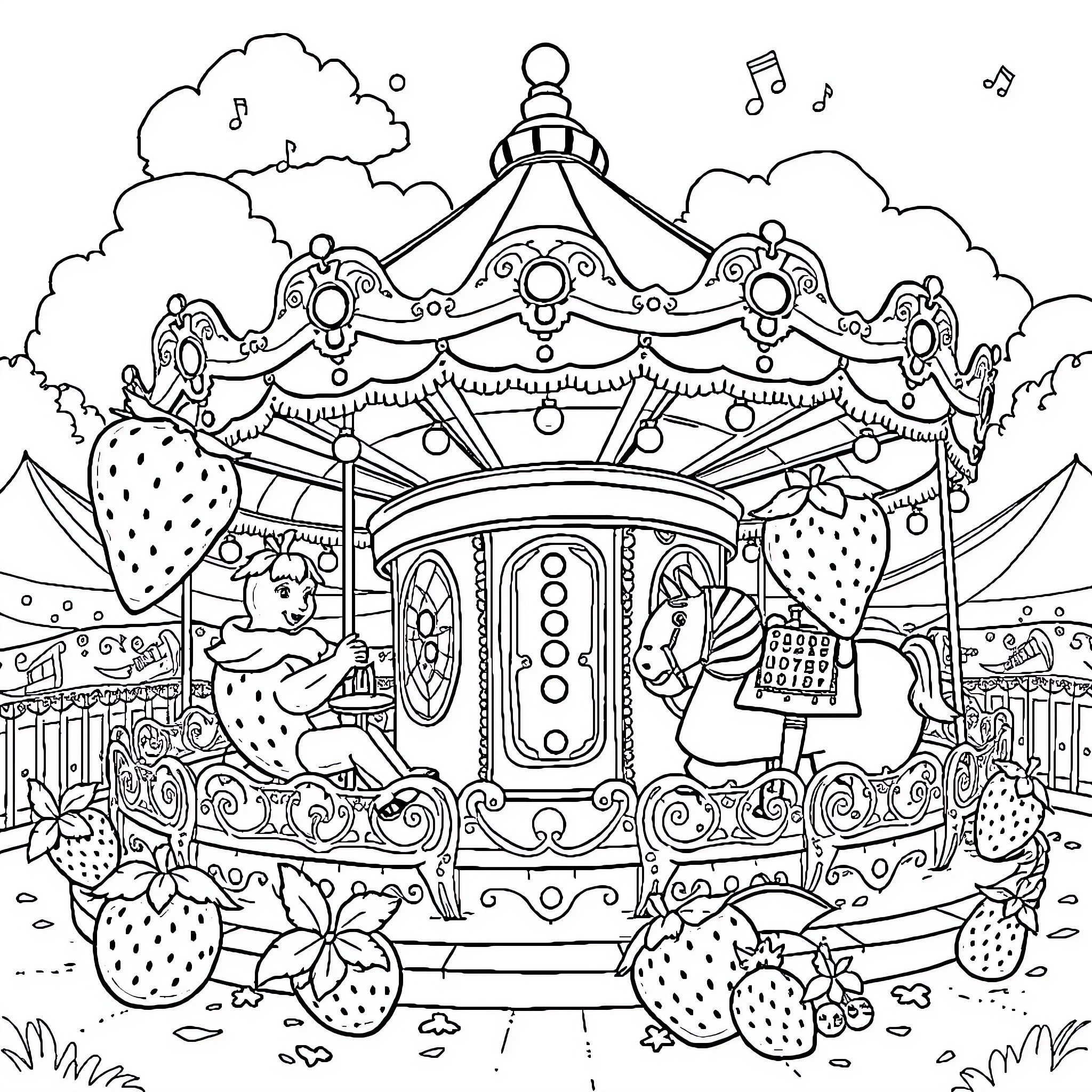Strawberry Shortcake carousel ride in a magical forest Coloring Page (free black-and-white line drawing printable PDF for all, from beginners to advanced learners, including children, teens, adults, and seniors)