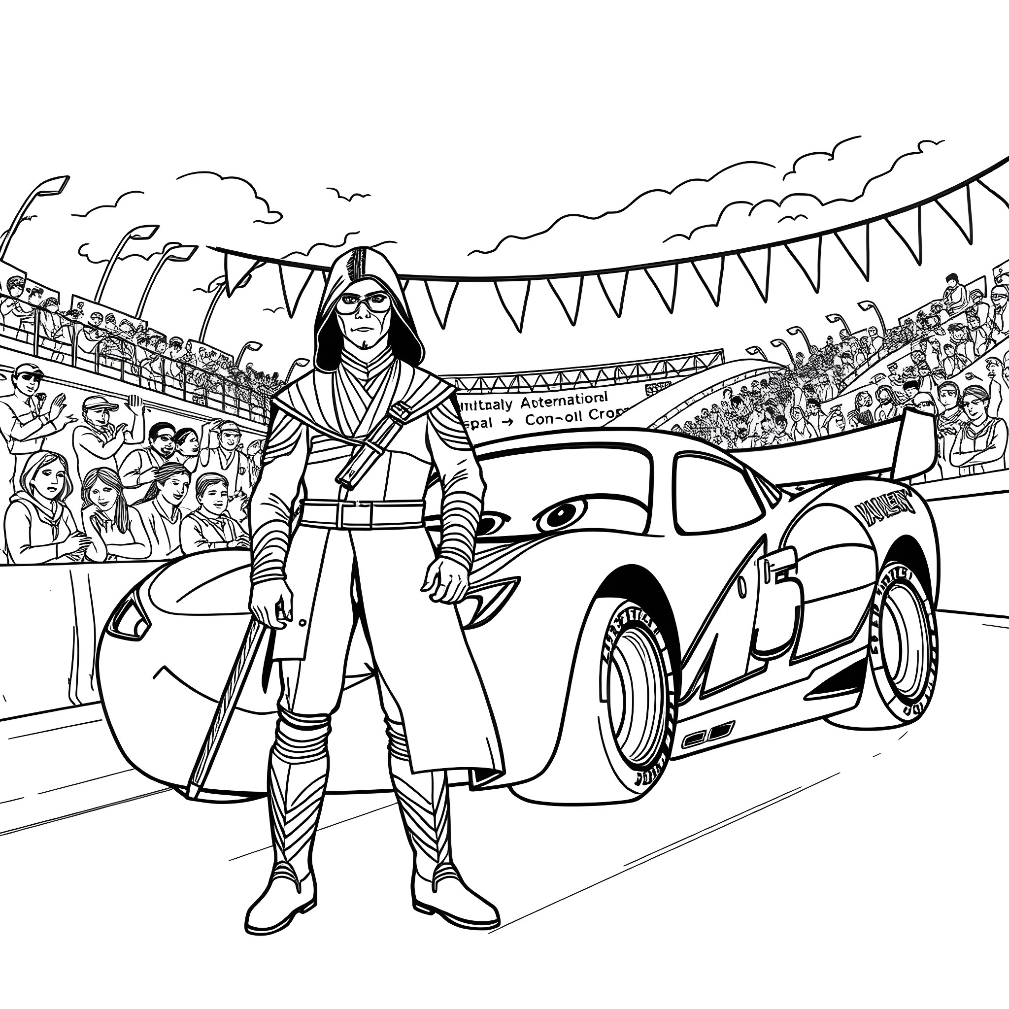 Kylo Ren Racing with a Futuristic Car on the Track Coloring Page (free black-and-white line drawing printable PDF for all, from beginners to advanced learners, including children, teens, adults, and seniors)