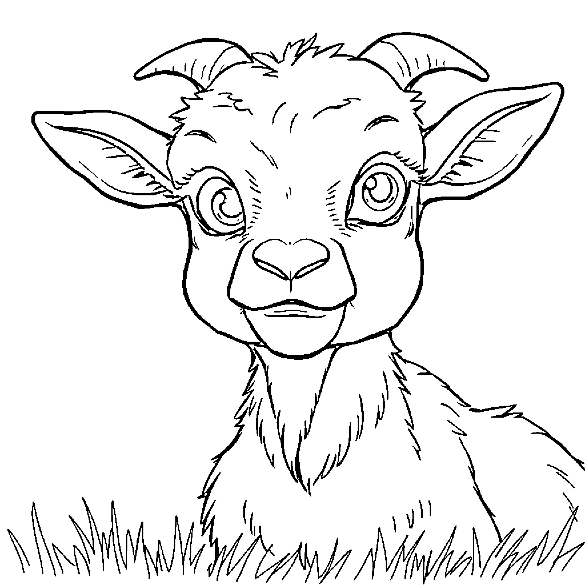 Goat with cheerful expression in field Coloring Page (free black-and-white line drawing printable PDF for all, from beginners to advanced learners, including children, teens, adults, and seniors)