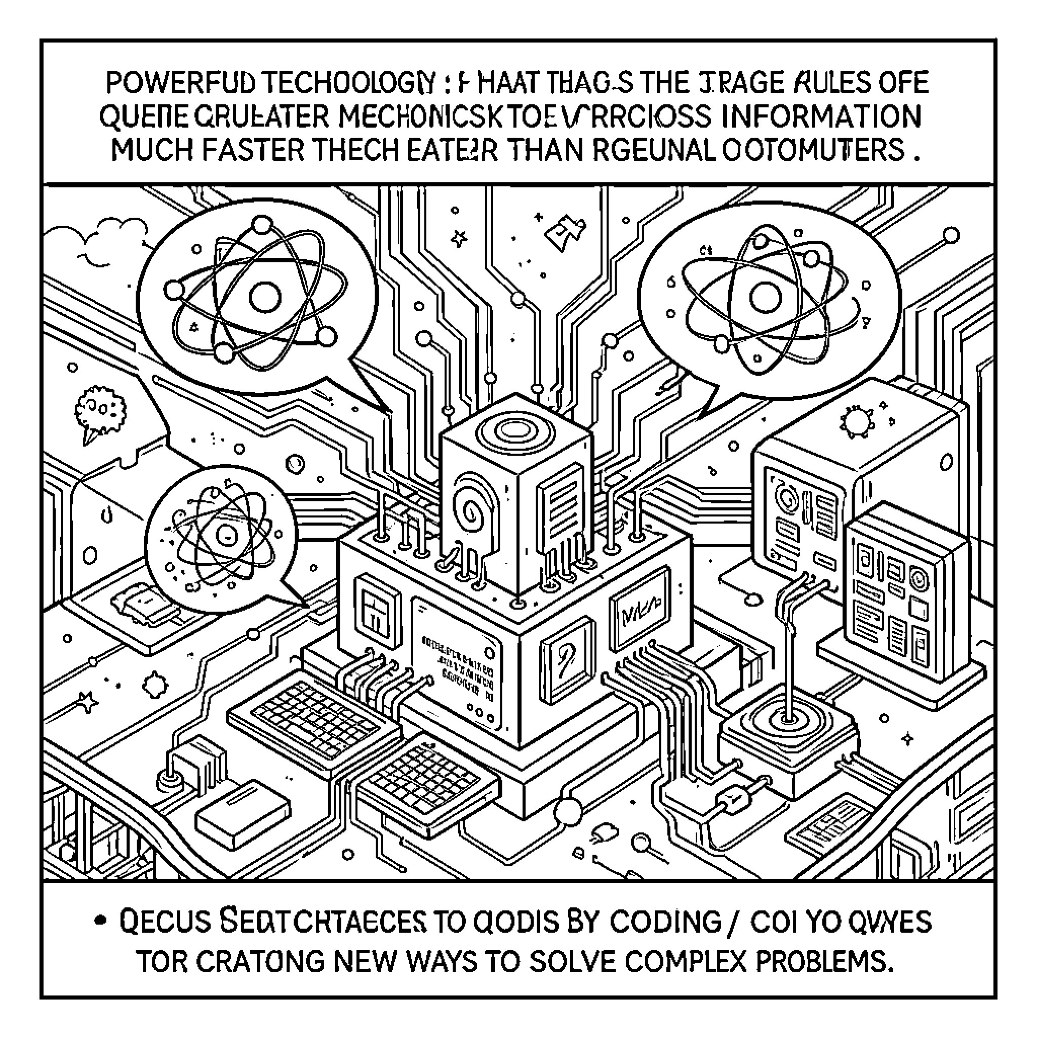 Quantum Computing Fuels Technological Breakthroughs in Problem-Solving Coloring Page (free black-and-white line drawing printable PDF for all, from beginners to advanced learners, including children, teens, adults, and seniors)