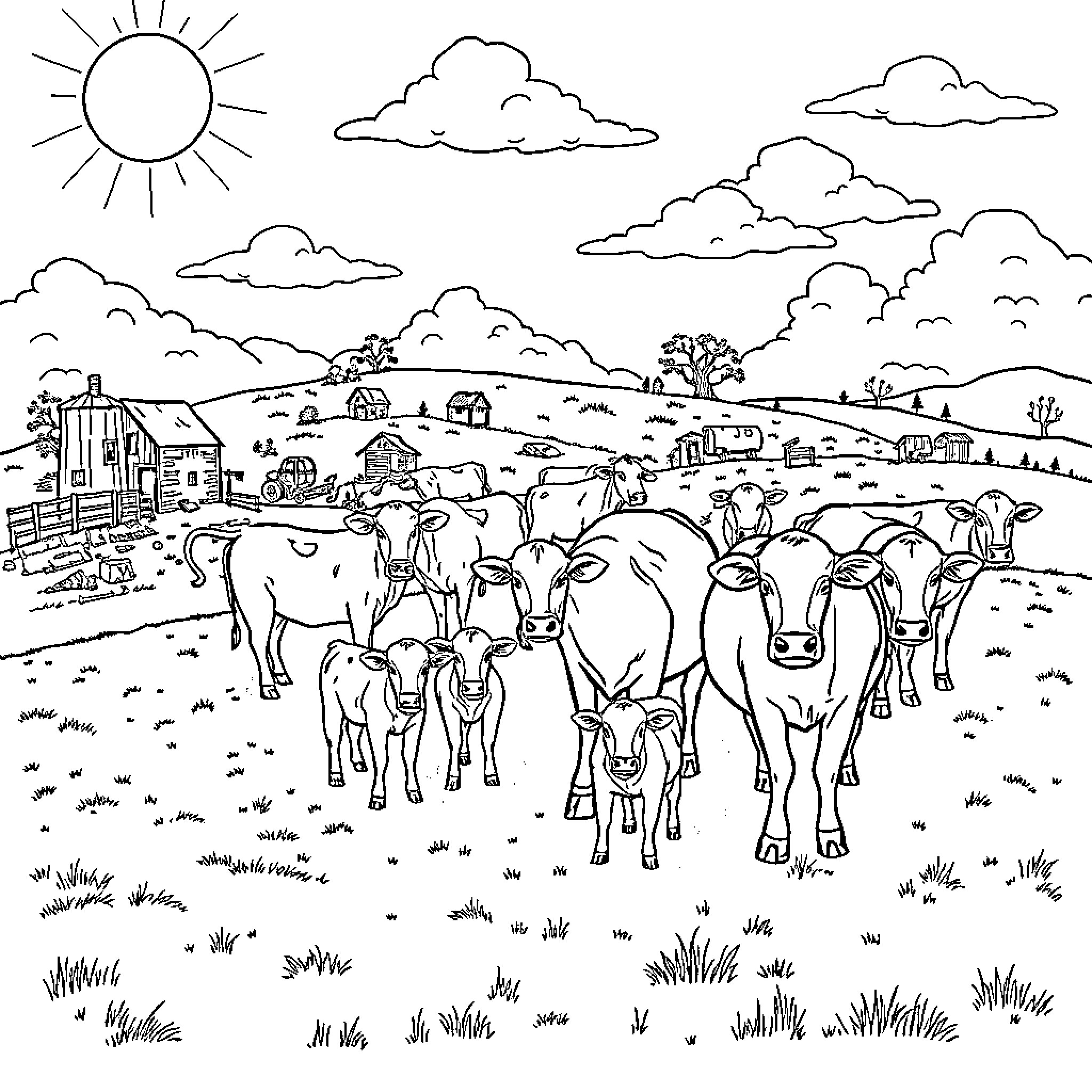 Cows grazing peacefully in a rural countryside scene Coloring Page (free black-and-white line drawing printable PDF for all, from beginners to advanced learners, including children, teens, adults, and seniors)