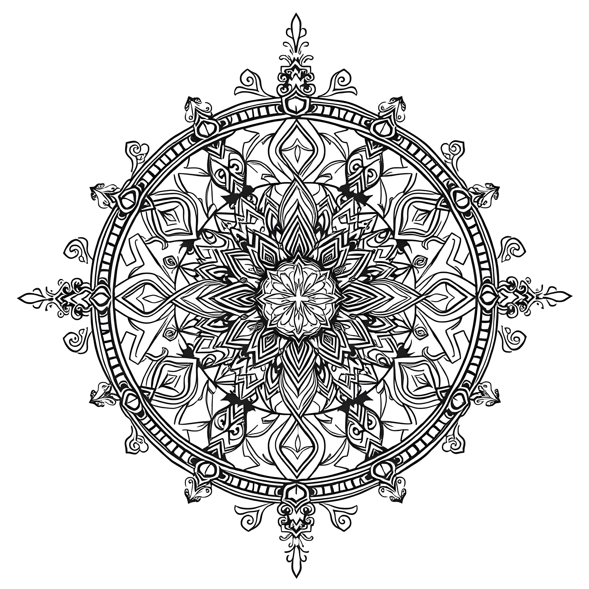Mosaic of Intricate Floral Mandala Pattern Coloring Page (free black-and-white line drawing printable PDF for all, from beginners to advanced learners, including children, teens, adults, and seniors)