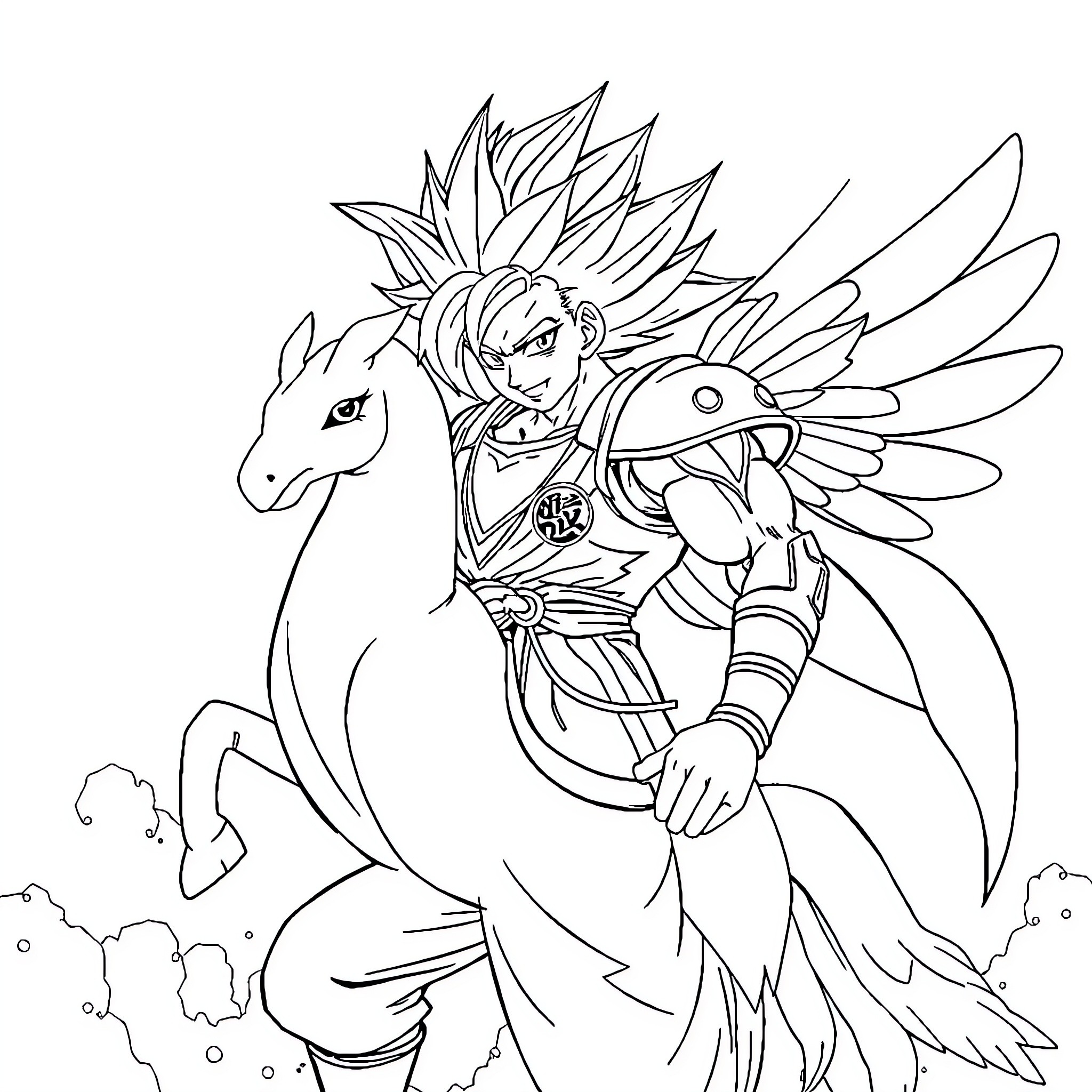 Panther-winged warrior riding mythical creature Coloring Page (free black-and-white line drawing printable PDF for all, from beginners to advanced learners, including children, teens, adults, and seniors)