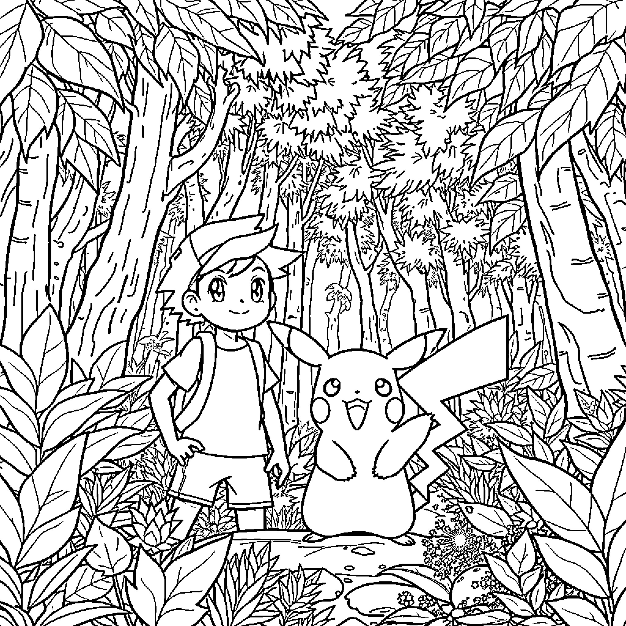 Ash and Pikachu in the Enchanted Forest Coloring Page (free black-and-white line drawing printable PDF for all, from beginners to advanced learners, including children, teens, adults, and seniors)