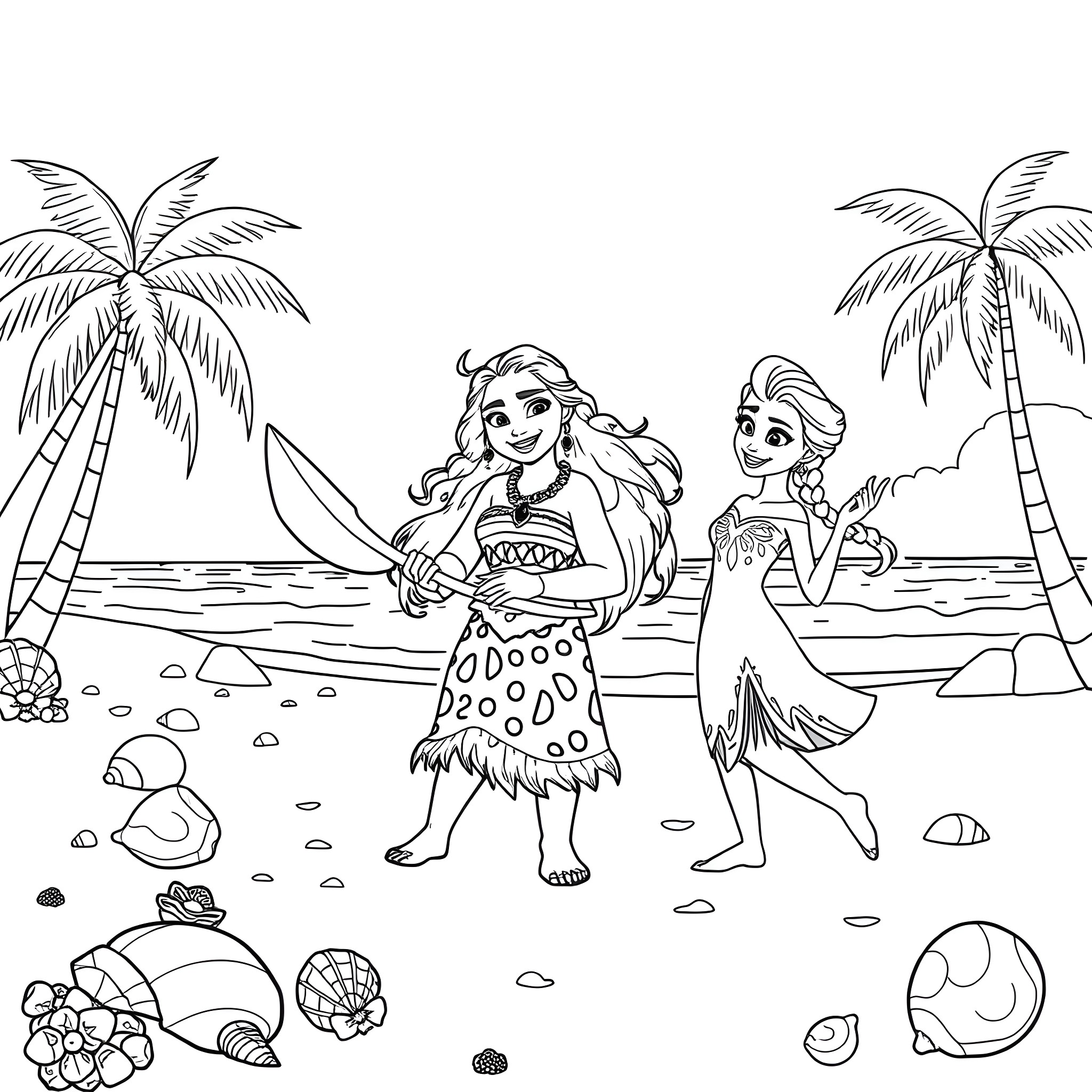 Moana and Elsa on a tropical beach adventure Coloring Page (free black-and-white line drawing printable PDF for all, from beginners to advanced learners, including children, teens, adults, and seniors)
