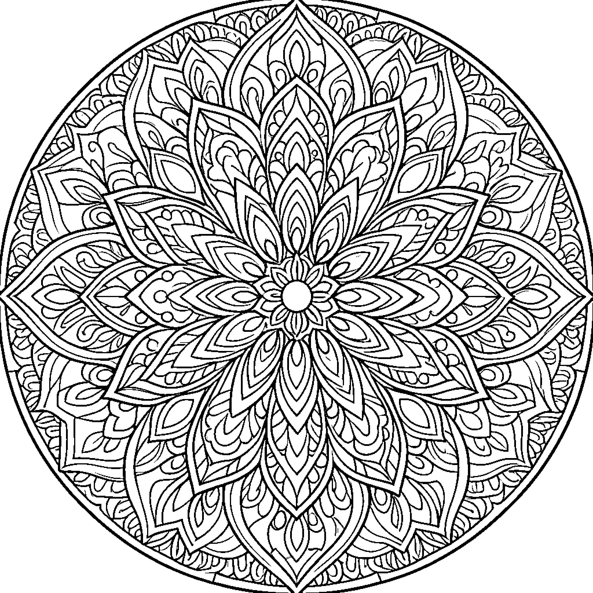 Mandala of intricate floral and geometric patterns Coloring Page (free black-and-white line drawing printable PDF for all, from beginners to advanced learners, including children, teens, adults, and seniors)