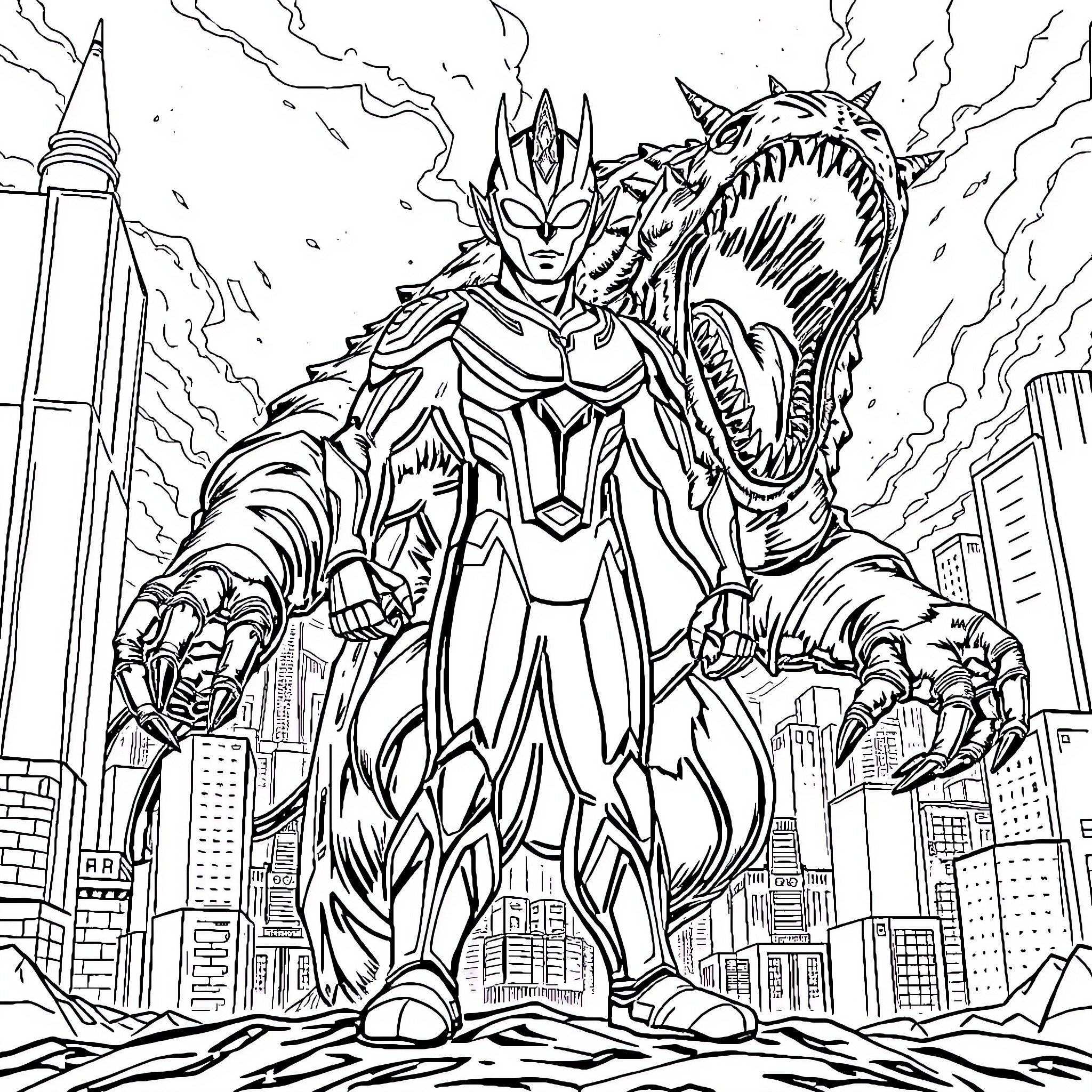 Ultraman Battling a Fearsome Kaiju in the City Coloring Page (free black-and-white line drawing printable PDF for all, from beginners to advanced learners, including children, teens, adults, and seniors)