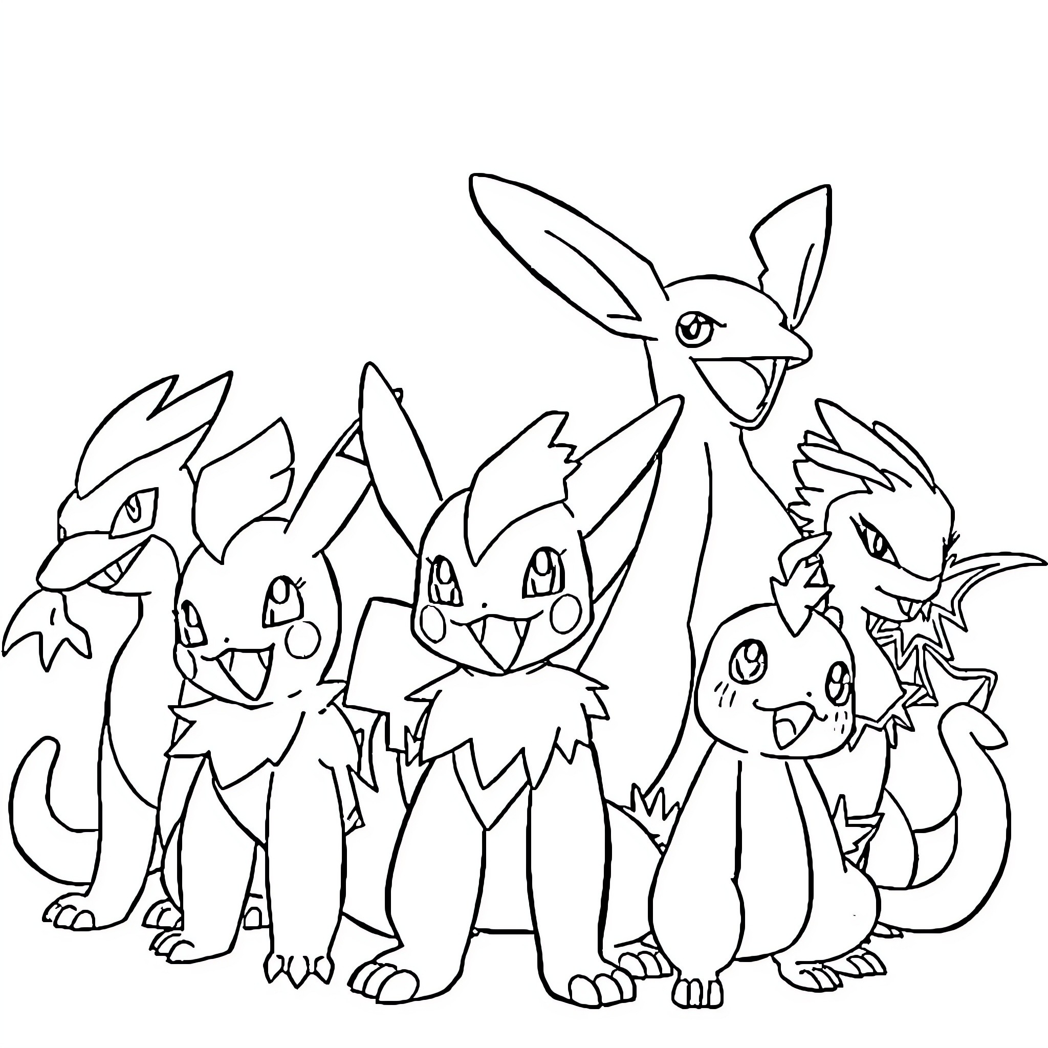 Pokémon characters gathered together Coloring Page (free black-and-white line drawing printable PDF for all, from beginners to advanced learners, including children, teens, adults, and seniors)