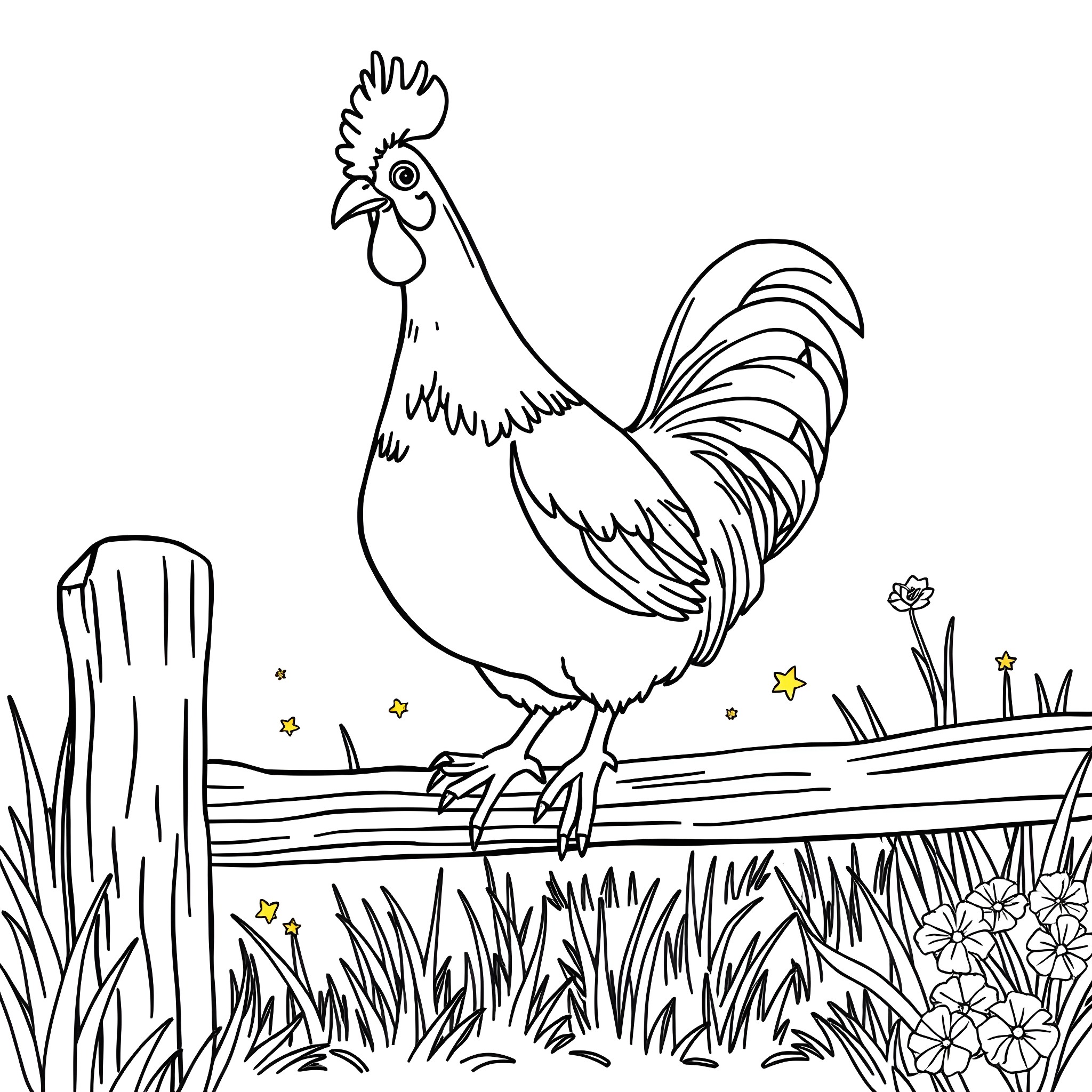 Chicken strutting proudly on the farm Coloring Page (free black-and-white line drawing printable PDF for all, from beginners to advanced learners, including children, teens, adults, and seniors)