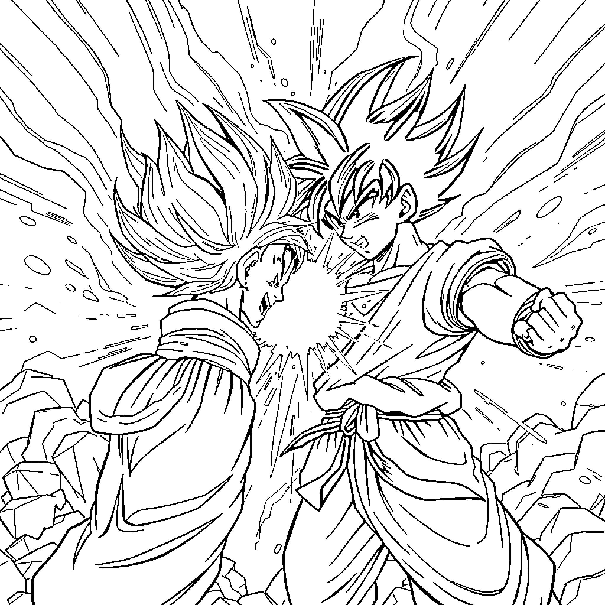 Son Goku's Intense Battle Stance Coloring Page (free black-and-white line drawing printable PDF for all, from beginners to advanced learners, including children, teens, adults, and seniors)