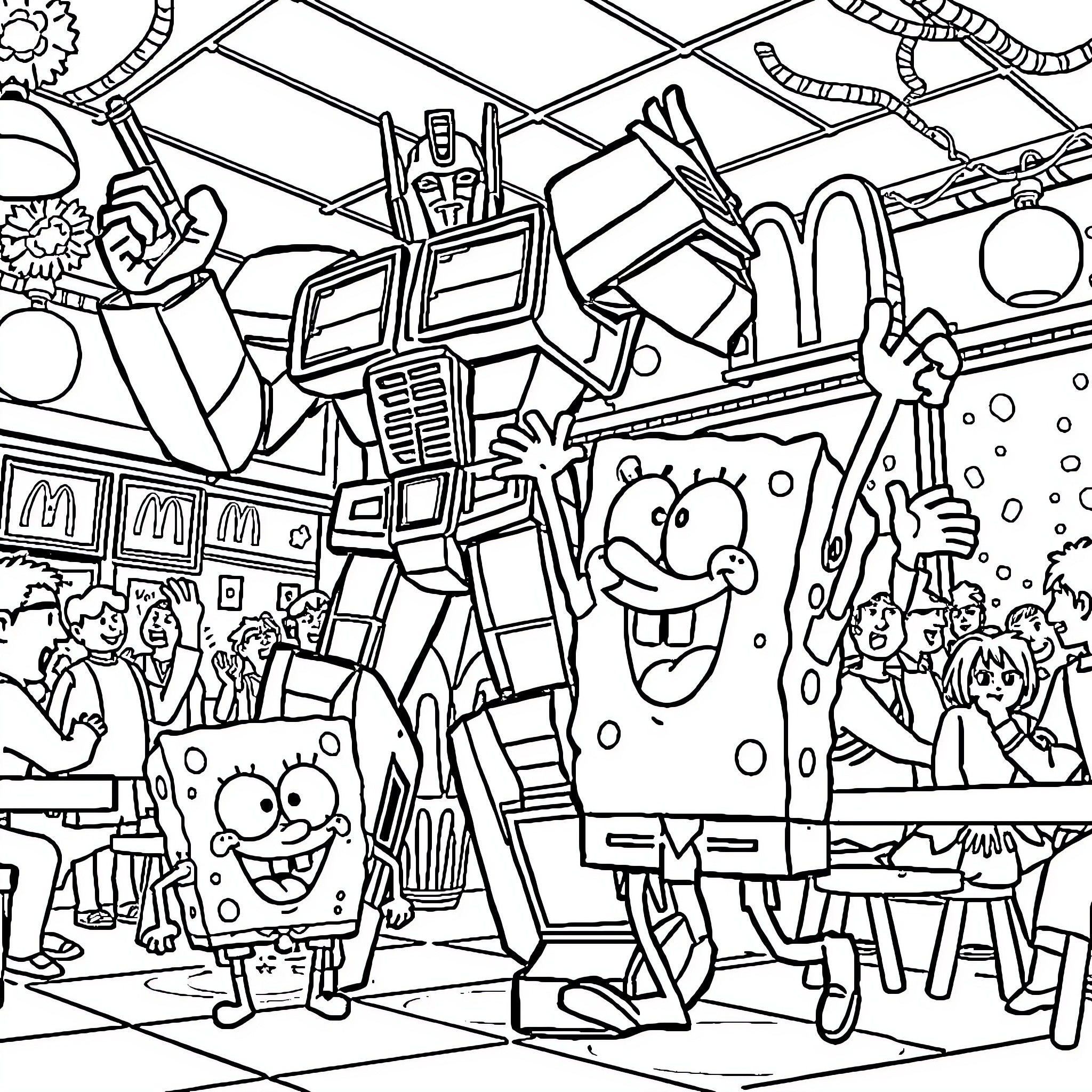 Optimus Prime at the Spongebob Squarepants Fun Fair Coloring Page (free black-and-white line drawing printable PDF for all, from beginners to advanced learners, including children, teens, adults, and seniors)
