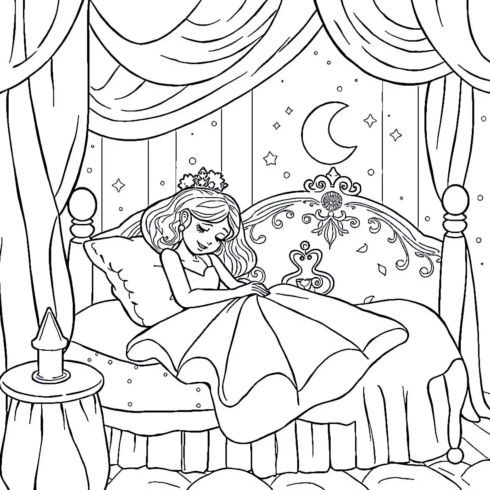 Princess Dreaming in the Starry Night Coloring Page (free black-and-white line drawing printable PDF for all, from beginners to advanced learners, including children, teens, adults, and seniors)