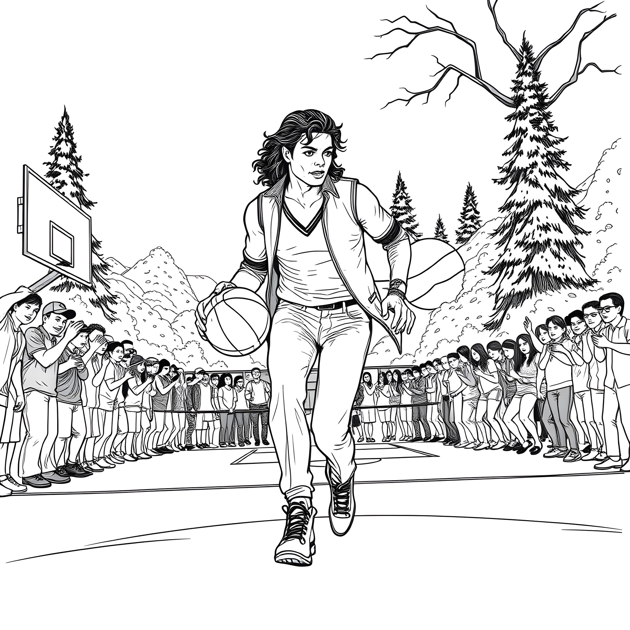 Michael Jackson Performing on the Basketball Court Coloring Page (free black-and-white line drawing printable PDF for all, from beginners to advanced learners, including children, teens, adults, and seniors)